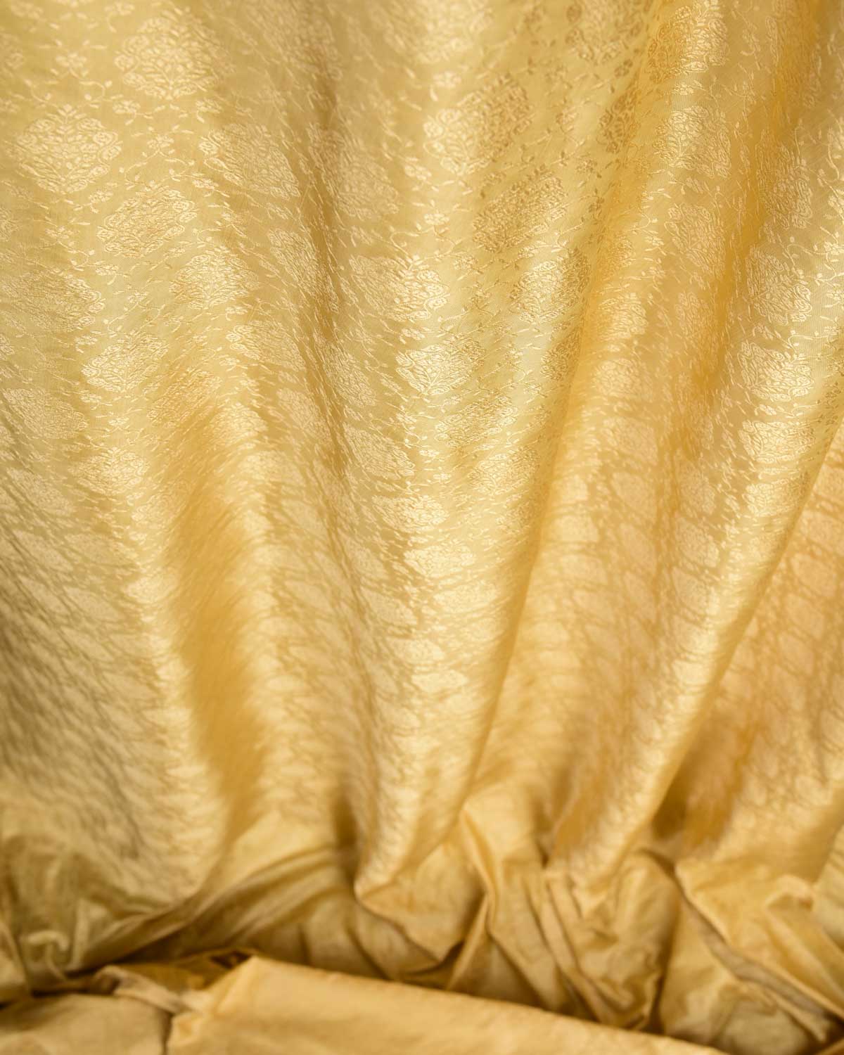 Beige Damask Satin Tanchoi Handwoven Katan Silk Banarasi Fabric-HolyWeaves