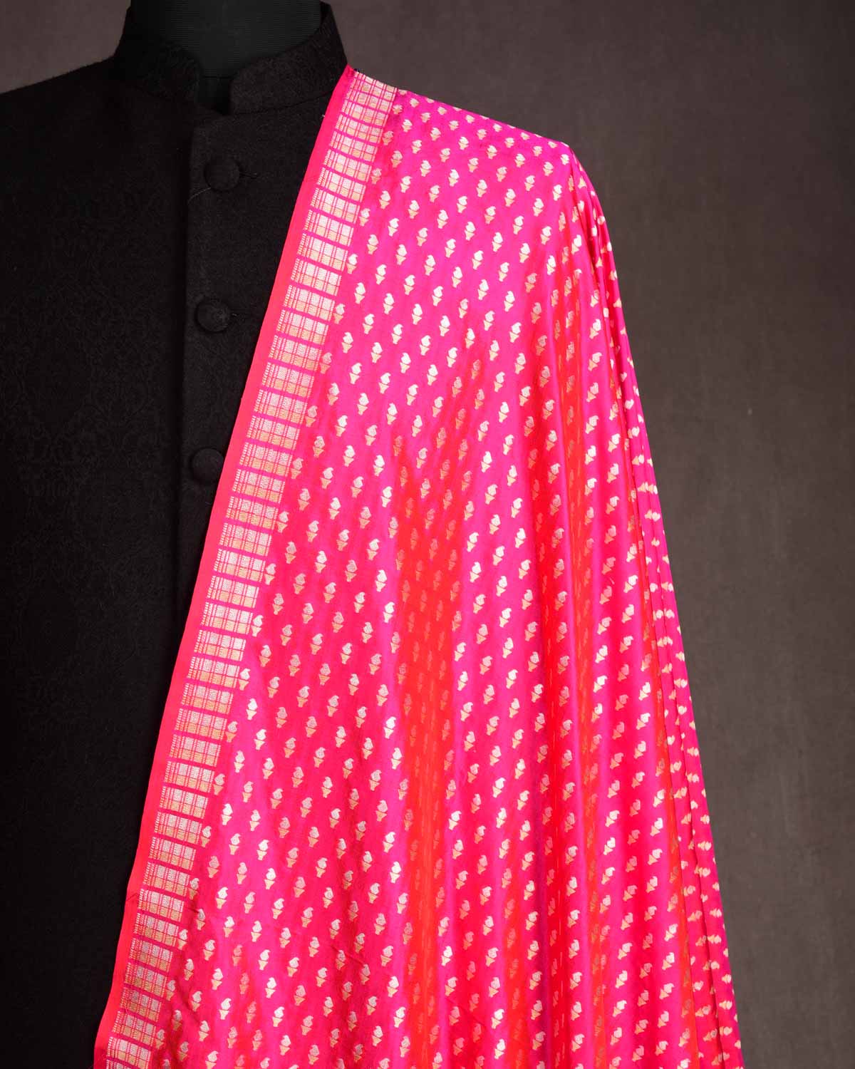 Shot Red-Pink Gold & Silver Zari Mashaal Kairy Buti Cutwork Brocade Handwoven Katan Silk Banarasi Fabric