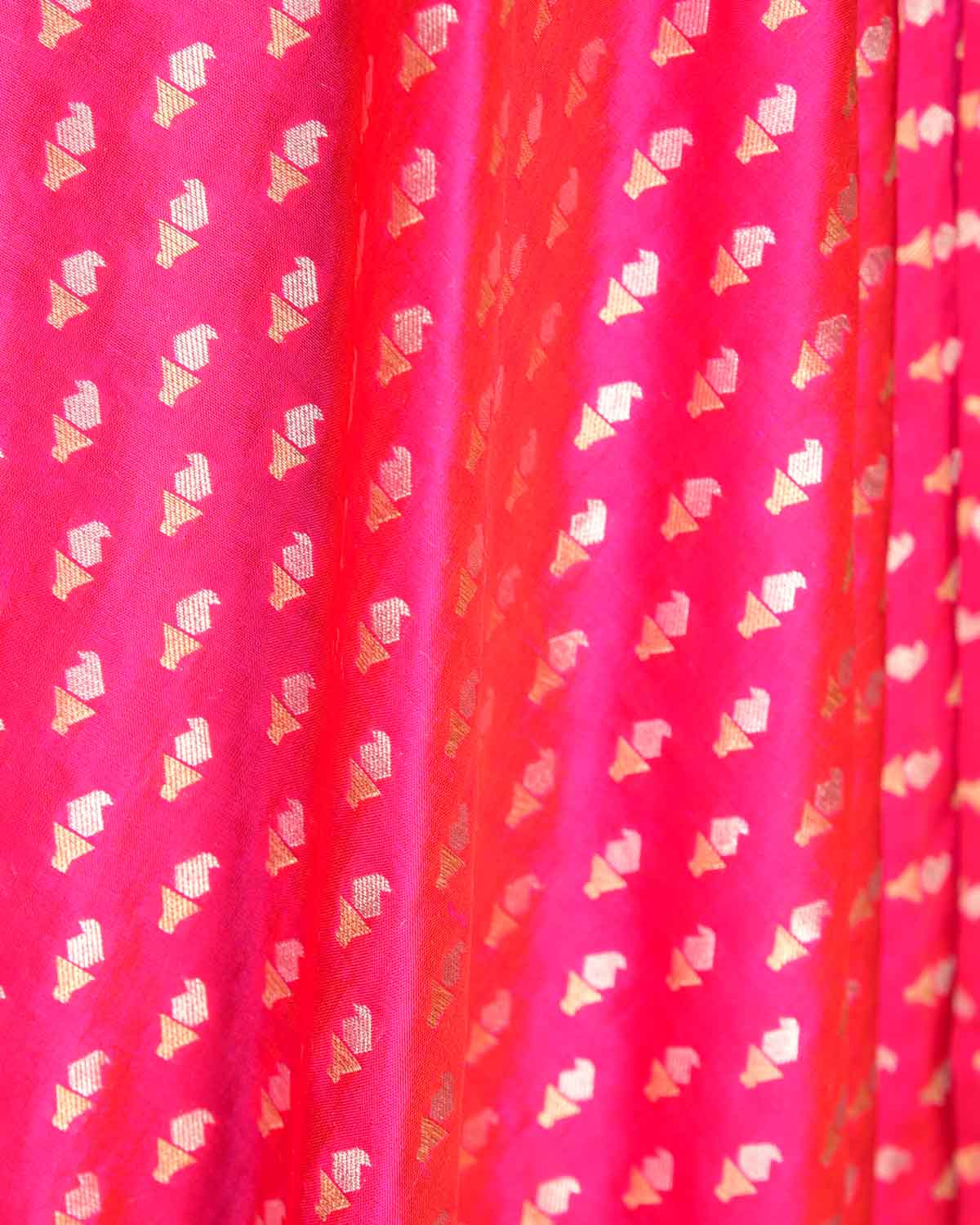 Shot Red-Pink Gold & Silver Zari Mashaal Kairy Buti Cutwork Brocade Handwoven Katan Silk Banarasi Fabric