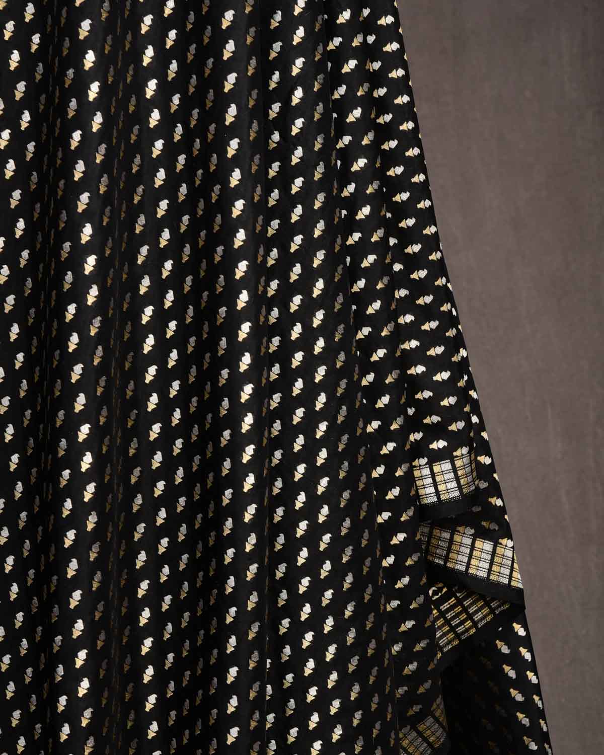 Black Gold & Silver Zari Mashaal Kairy Buti Cutwork Brocade Handwoven Katan Silk Banarasi Fabric