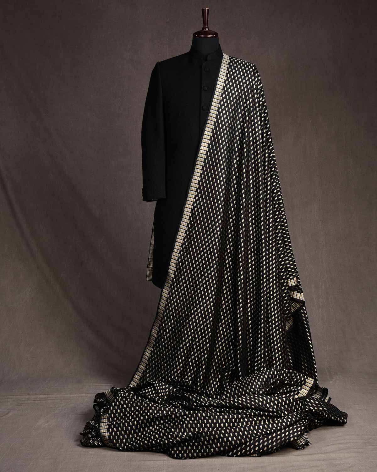 Black Gold & Silver Zari Mashaal Kairy Buti Cutwork Brocade Handwoven Katan Silk Banarasi Fabric