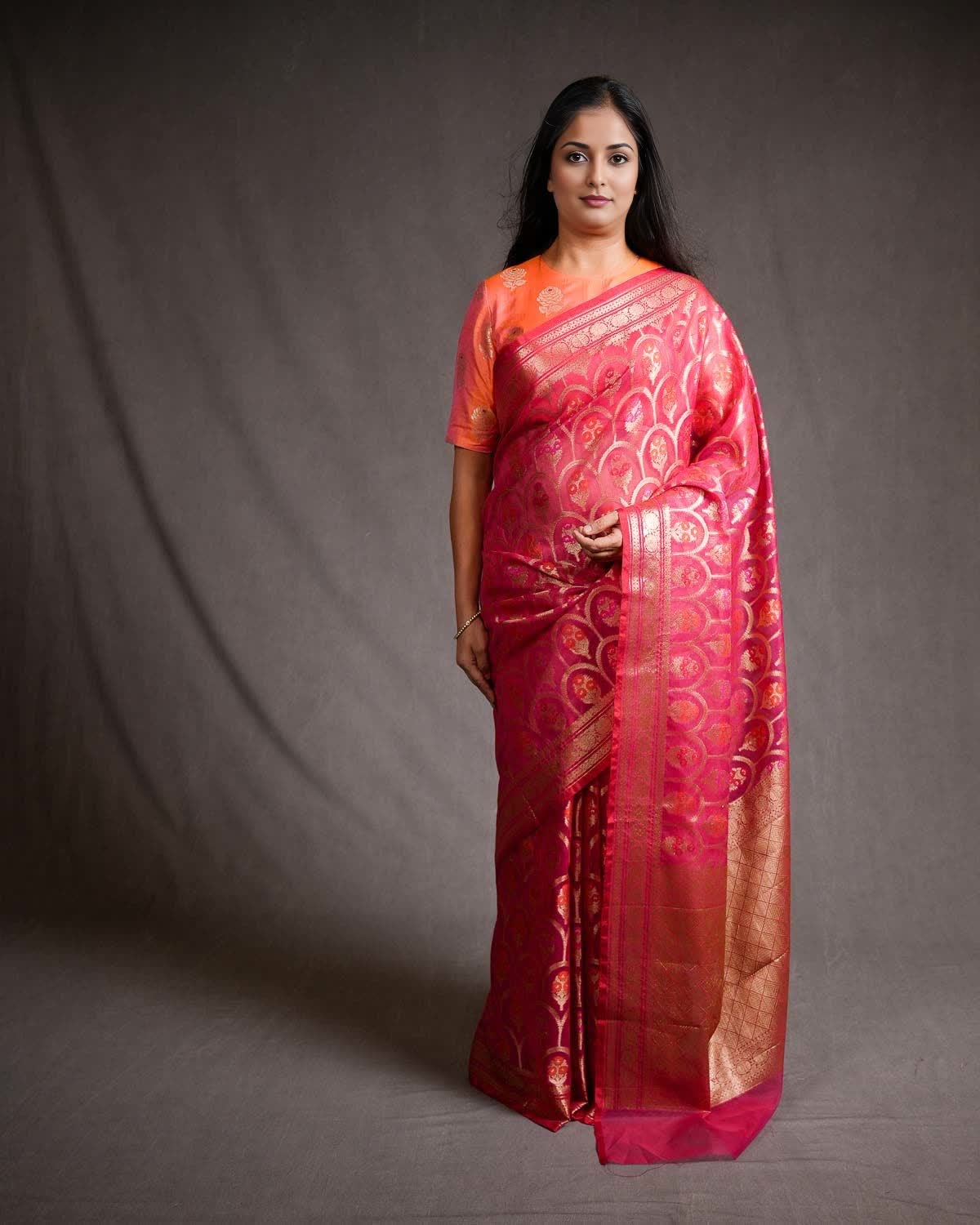 Shot Rani Pink Banarasi Gold Zari & Meenekari Guldasta Jharokha Cutwork Brocade Woven Art Kora Silk Saree-HolyWeaves