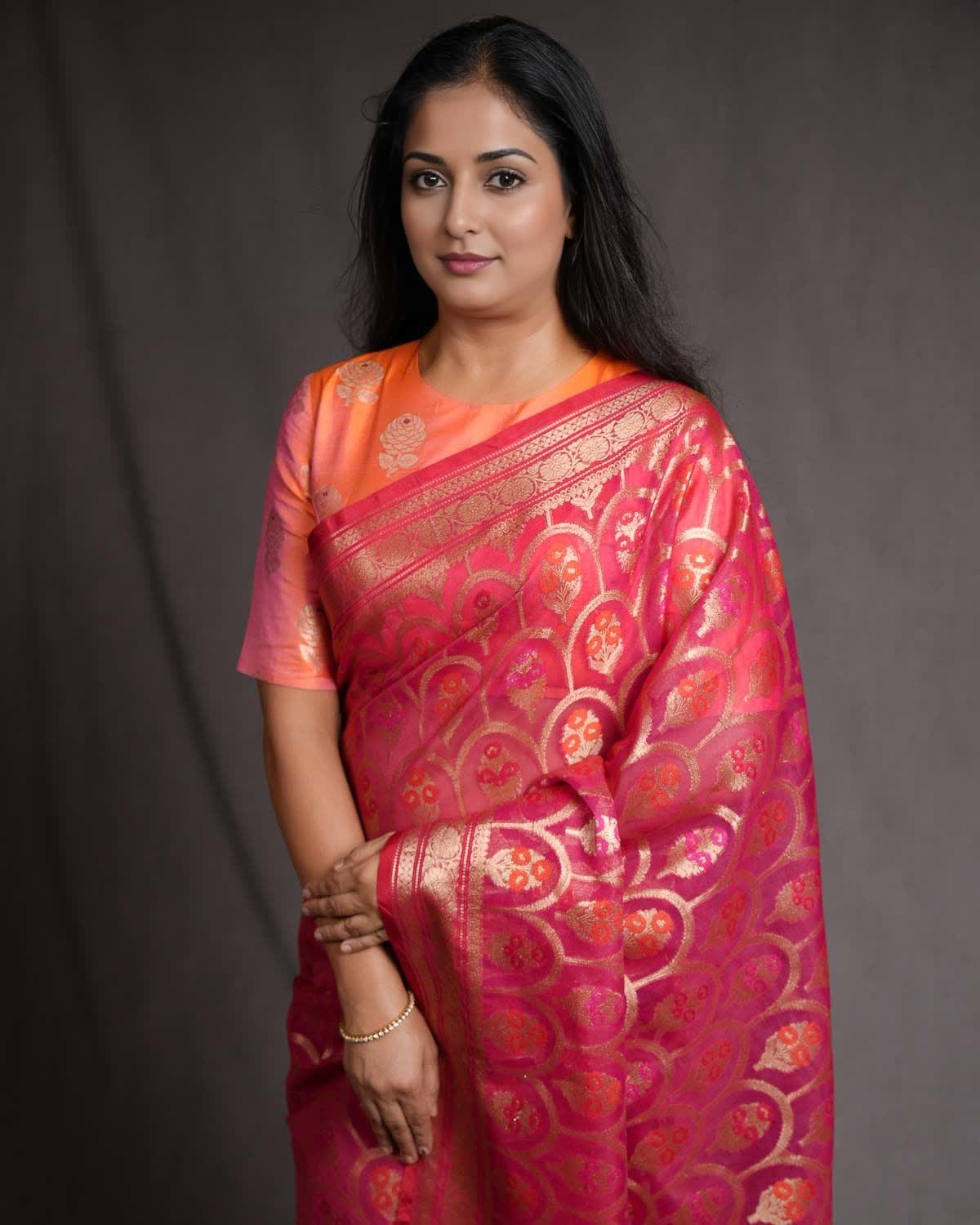 Shot Rani Pink Banarasi Gold Zari & Meenekari Guldasta Jharokha Cutwork Brocade Woven Art Kora Silk Saree-HolyWeaves