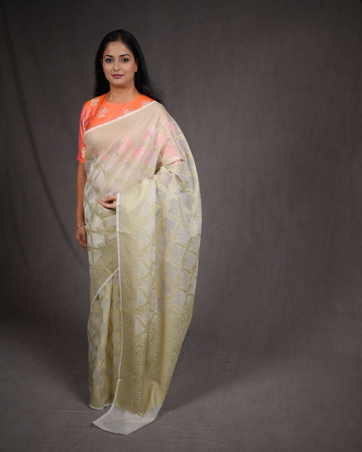 White with Green Banarasi Resham Jaal Cutwork Brocade Woven Art Cotton Silk Saree-HolyWeaves