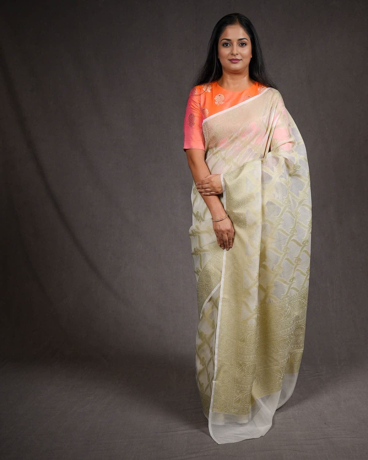 White with Green Banarasi Resham Jaal Cutwork Brocade Woven Art Cotton Silk Saree-HolyWeaves