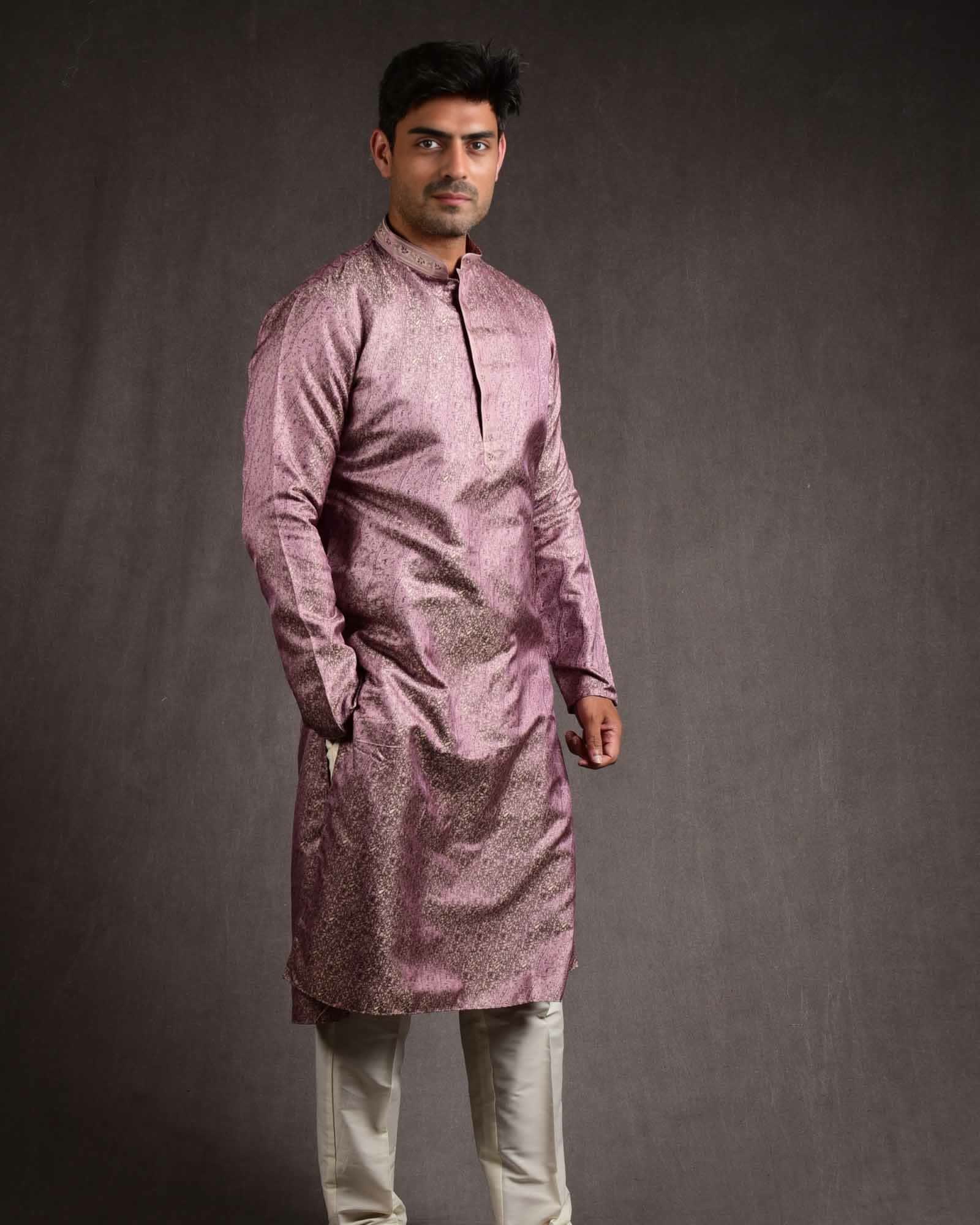 English Lavender Banarasi Diagonal Paisley Tehra Jamawar Brocade Pure Silk Mens Kurta Pyjama-HolyWeaves