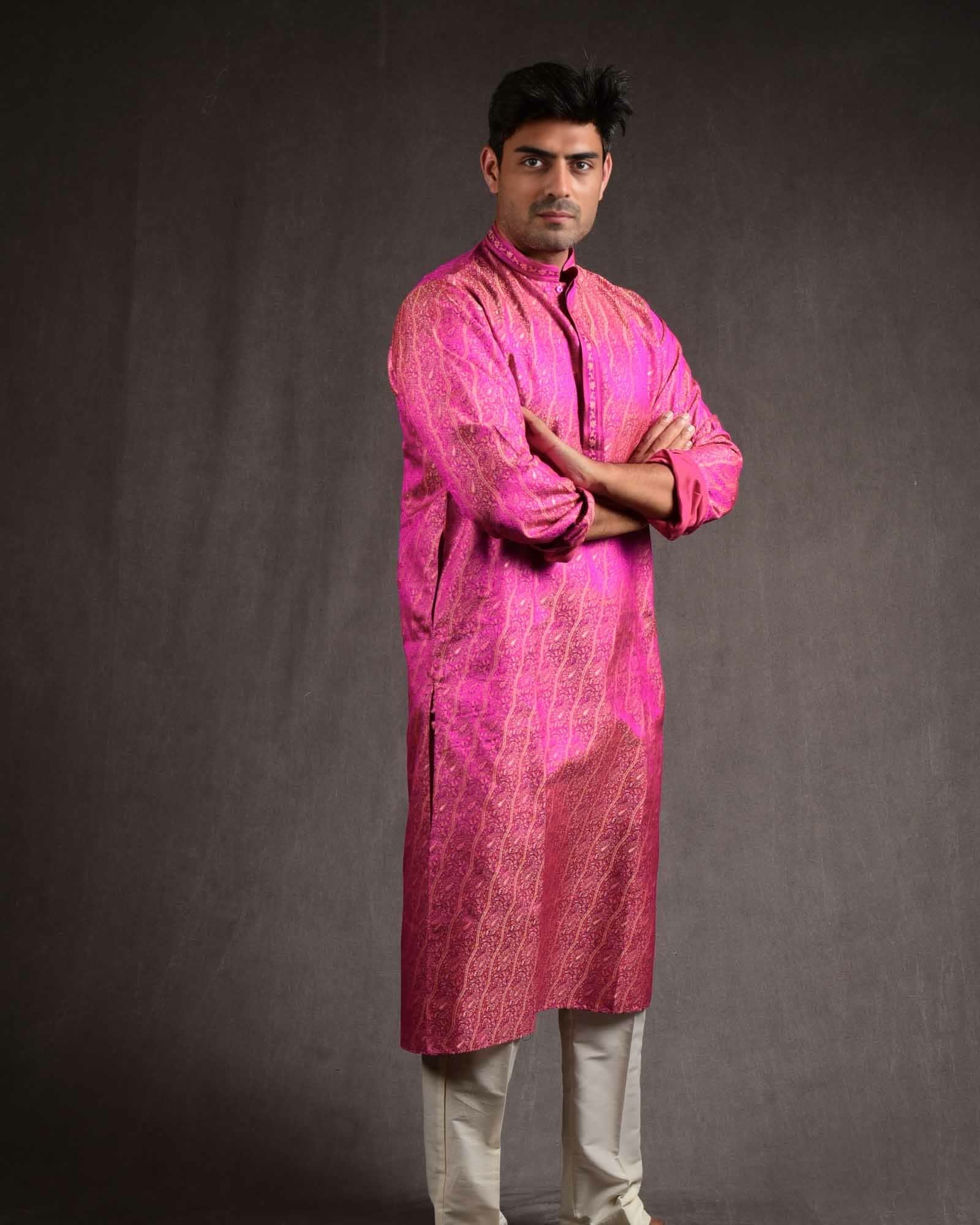 Pink Banarasi Diagonal Paisley Tehra Jamawar Brocade Pure Silk Mens Kurta Pyjama-HolyWeaves