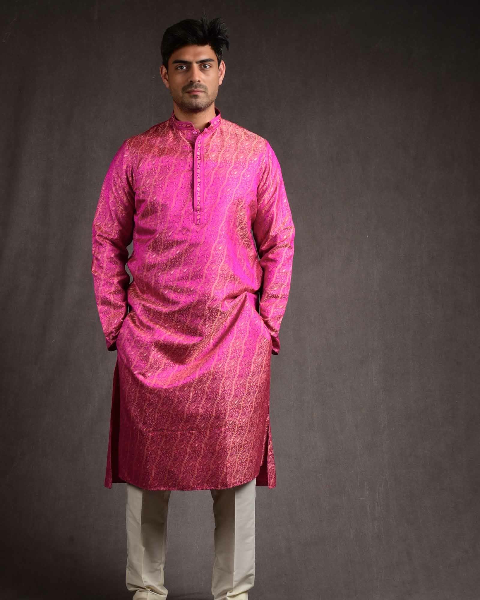 Pink Banarasi Diagonal Paisley Tehra Jamawar Brocade Pure Silk Mens Kurta Pyjama-HolyWeaves