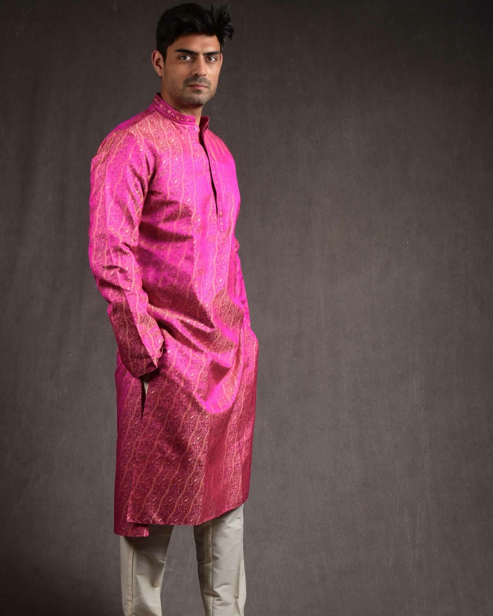 Pink Banarasi Diagonal Paisley Tehra Jamawar Brocade Pure Silk Mens Kurta Pyjama-HolyWeaves