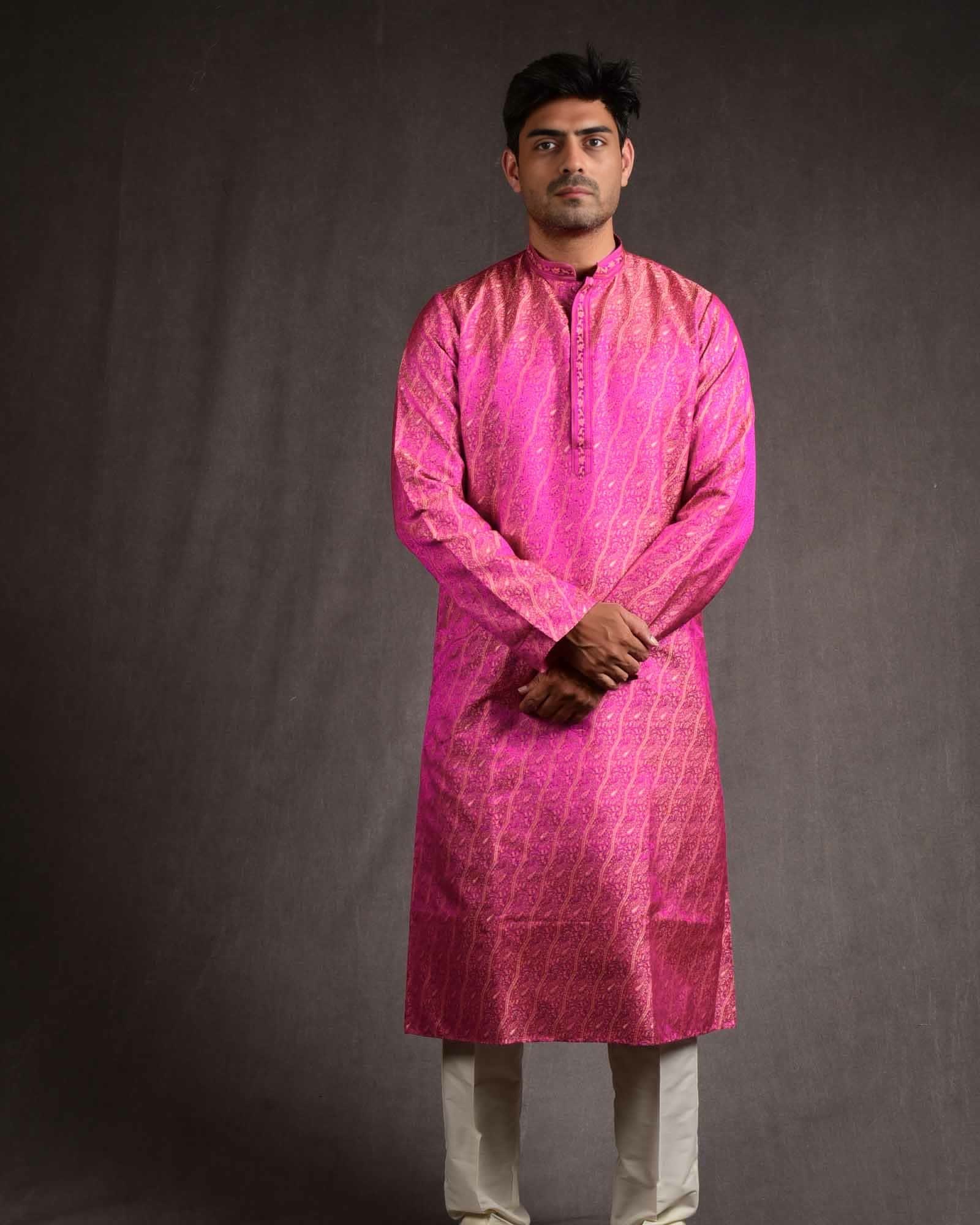 Pink Banarasi Diagonal Paisley Tehra Jamawar Brocade Pure Silk Mens Kurta Pyjama-HolyWeaves