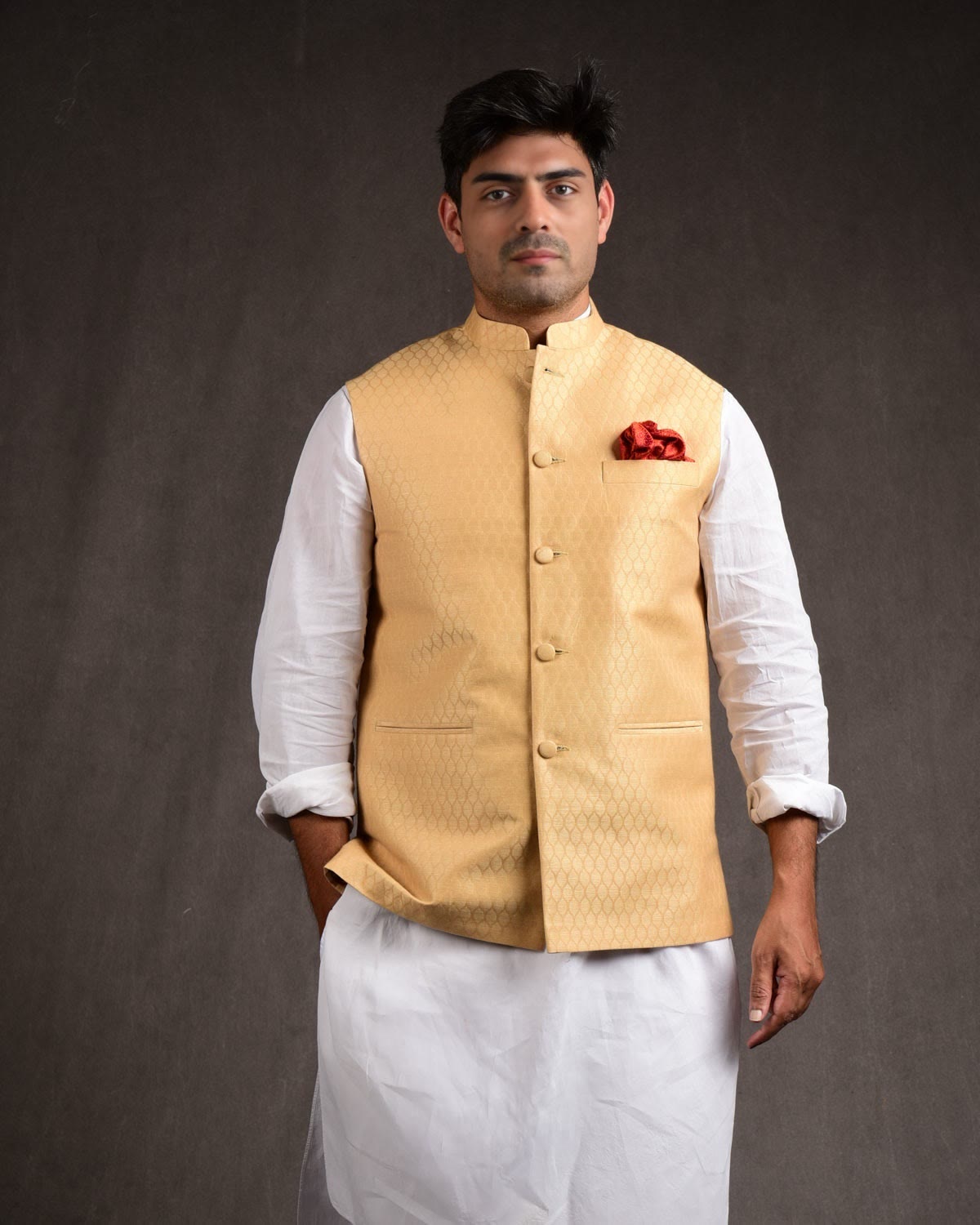 Beige Banarasi Tanchoi Handwoven Linen Cotton Mens Modi Jacket-HolyWeaves