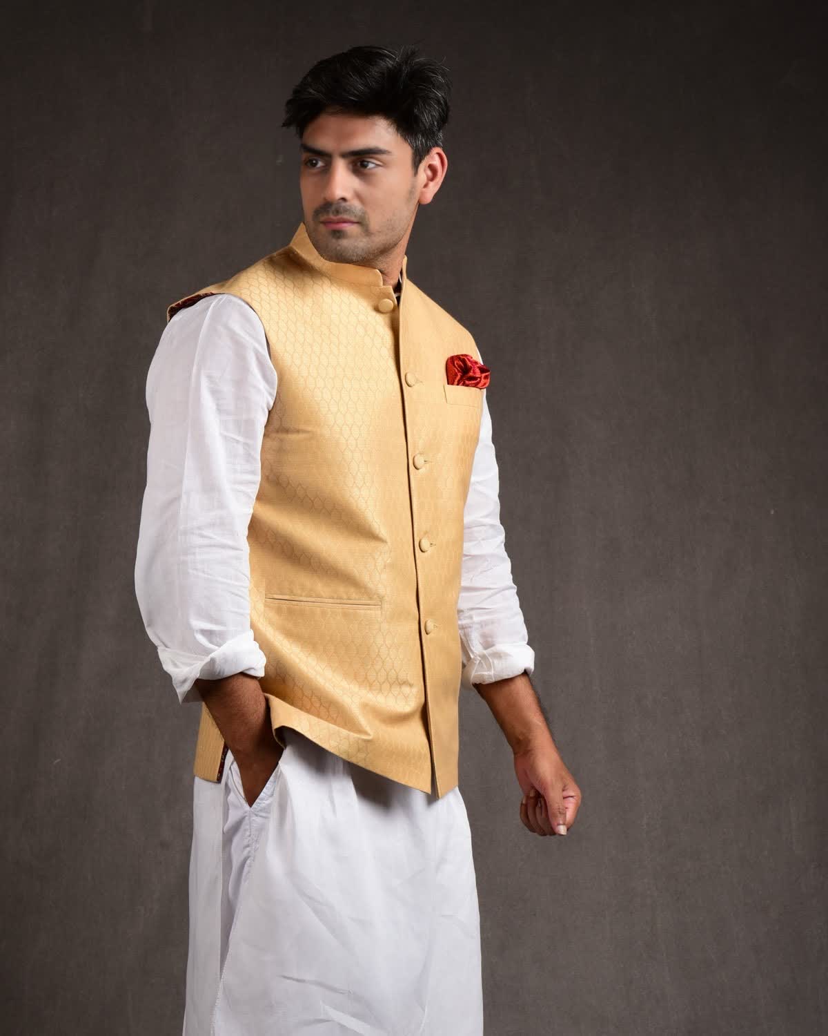 Beige Banarasi Tanchoi Handwoven Linen Cotton Mens Modi Jacket-HolyWeaves