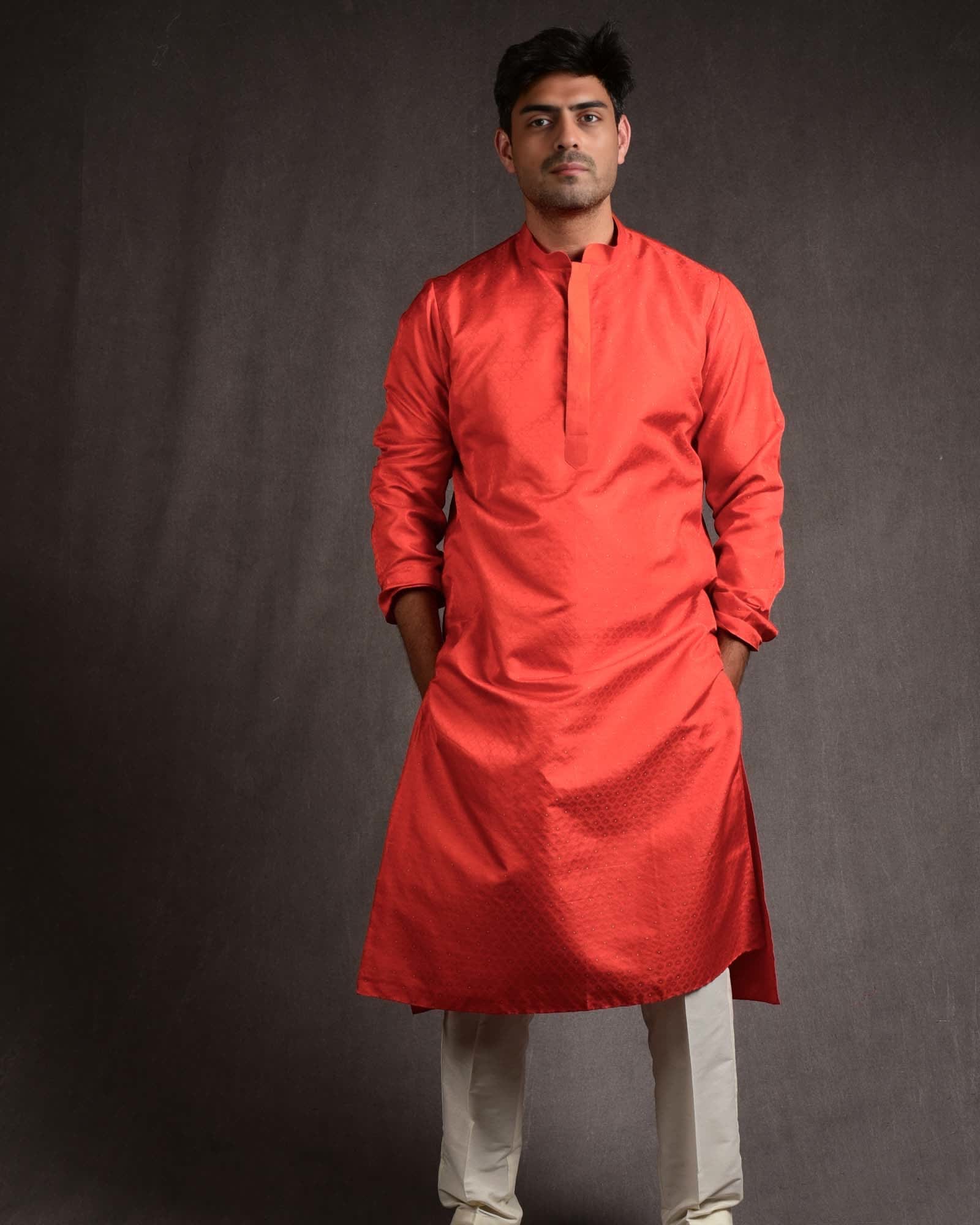 Orange Banarasi Tanchoi Brocade Pure Silk Mens Kurta Pyjama-HolyWeaves