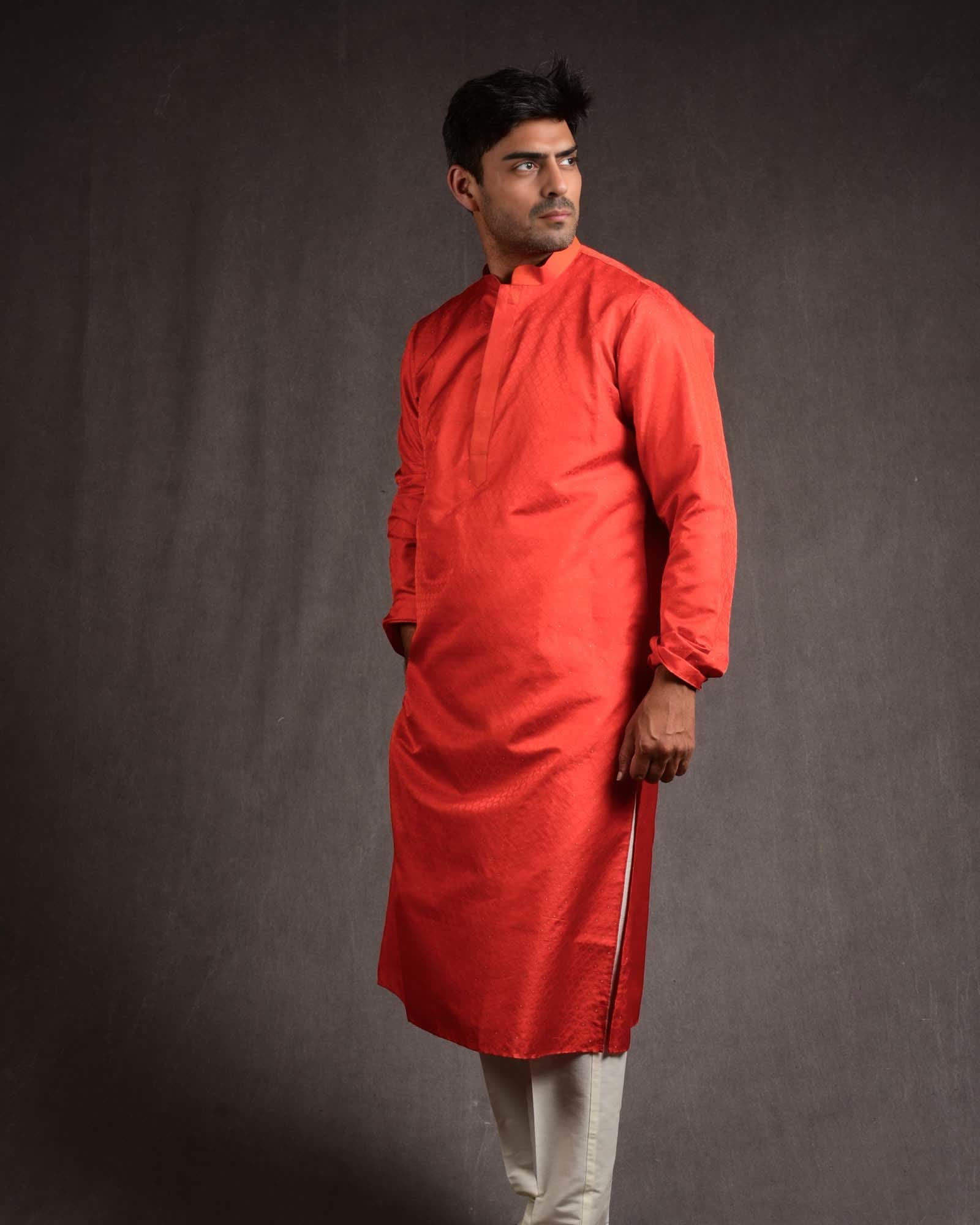 Orange Banarasi Tanchoi Brocade Pure Silk Mens Kurta Pyjama-HolyWeaves