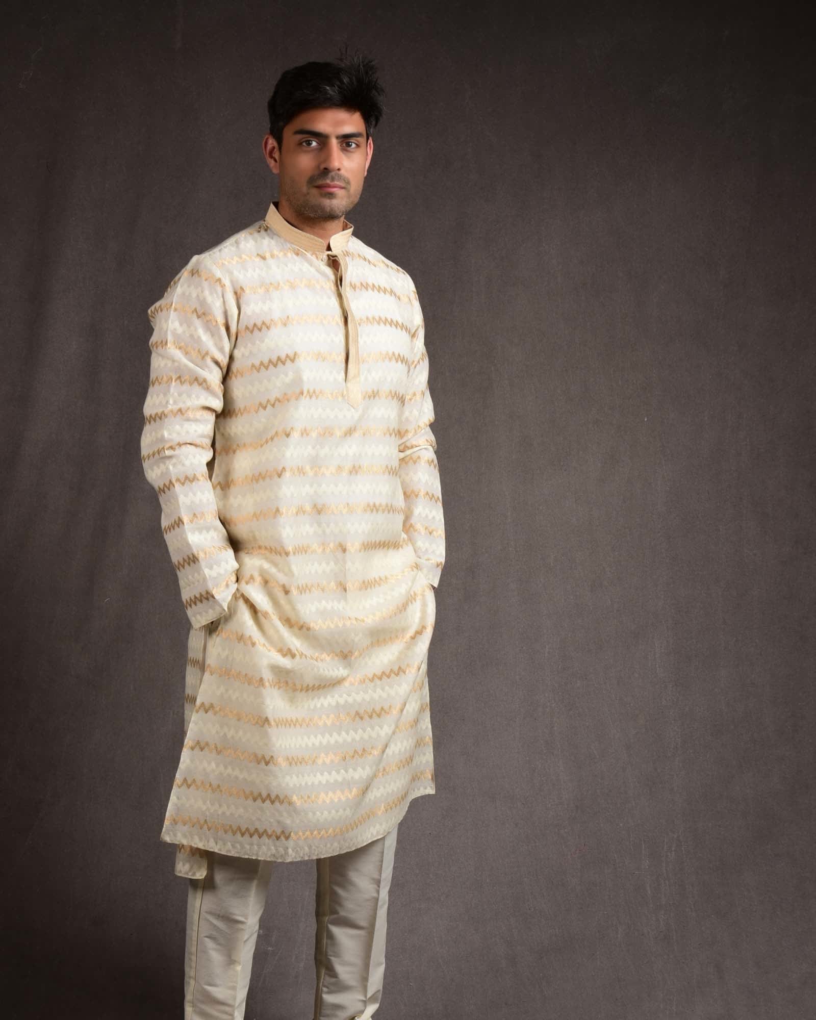 Cream Banarasi Gold Zari & Resham Chevron Brocade Cotton Silk Mens Kurta Pyjama-HolyWeaves