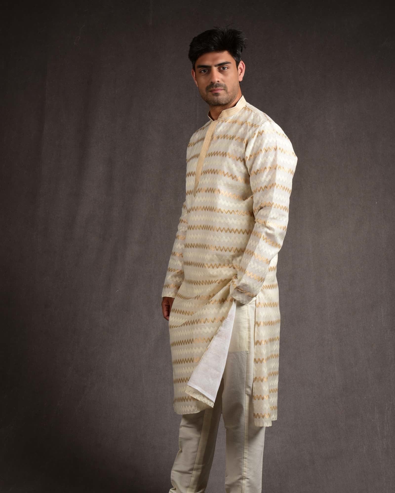 Cream Banarasi Gold Zari & Resham Chevron Brocade Cotton Silk Mens Kurta Pyjama-HolyWeaves