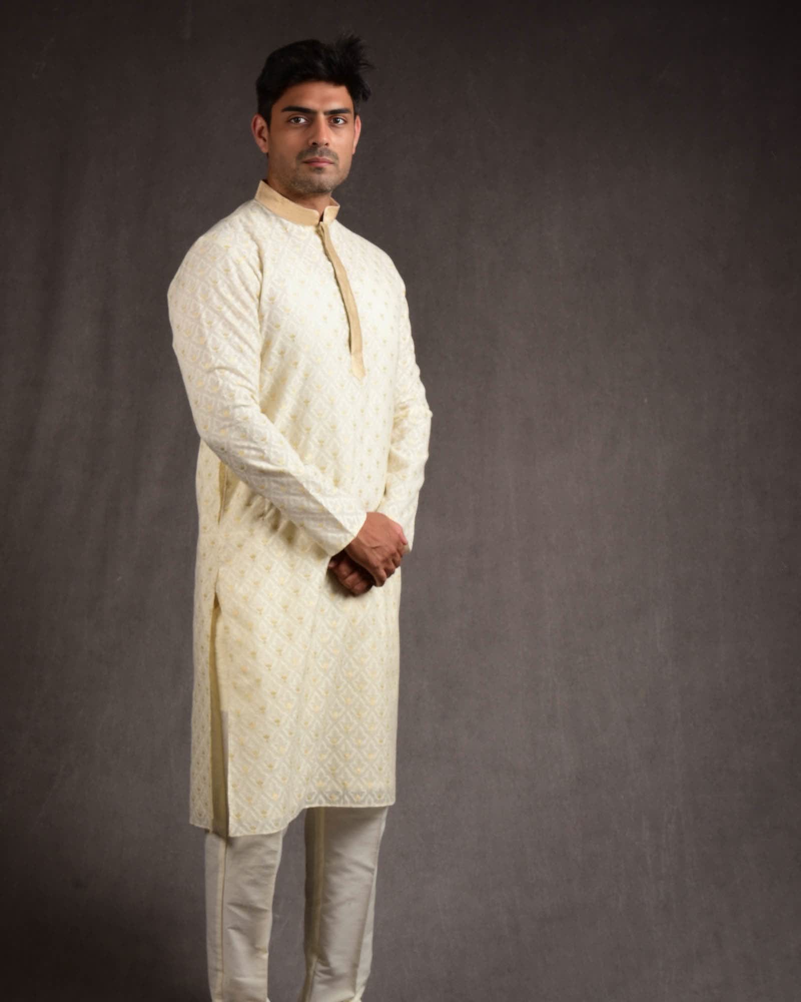 Ivory White Gold Zari & Resham Leaf Brocade Cotton Silk Mens Kurta Pyjama-HolyWeaves