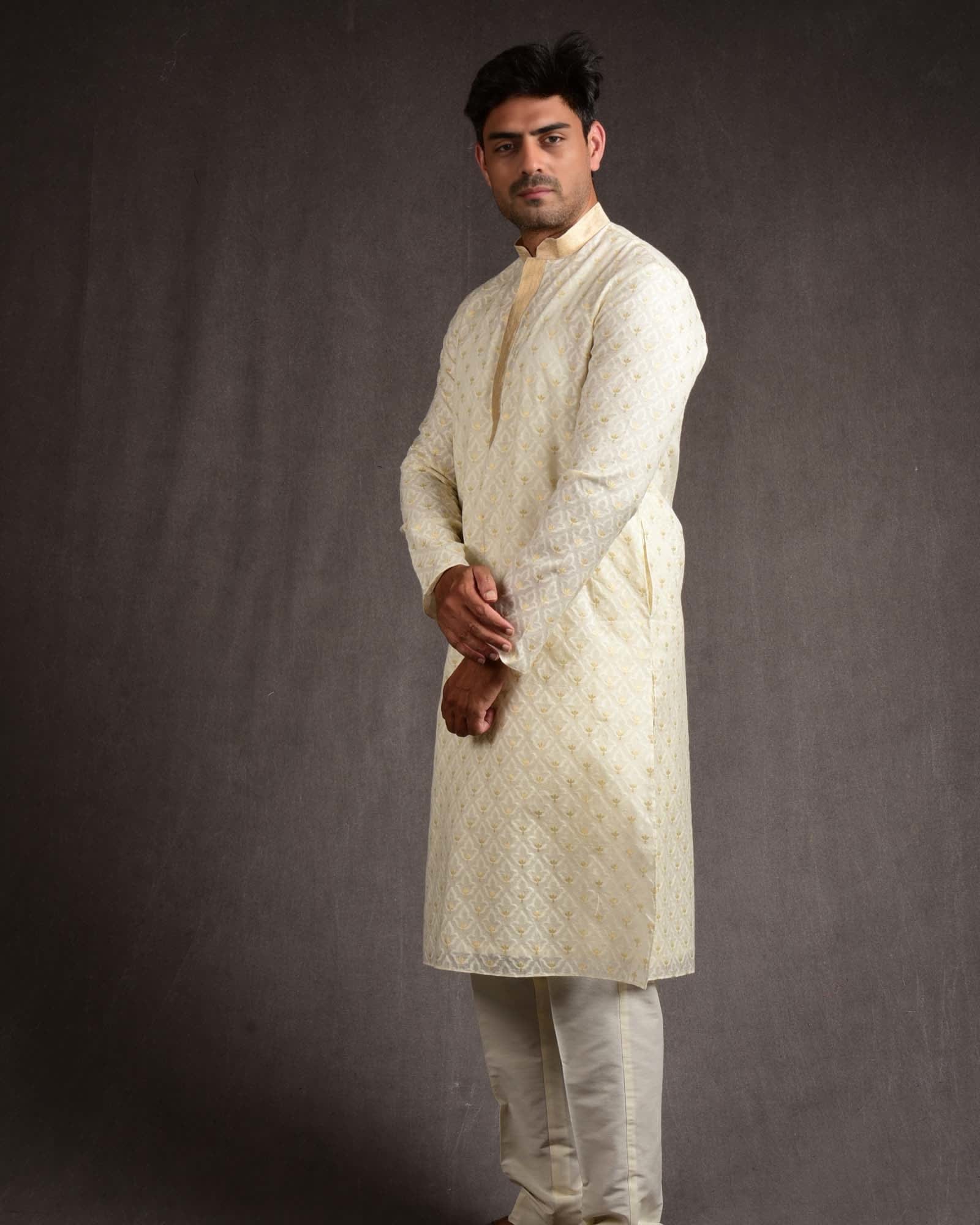 Ivory White Gold Zari & Resham Leaf Brocade Cotton Silk Mens Kurta Pyjama-HolyWeaves