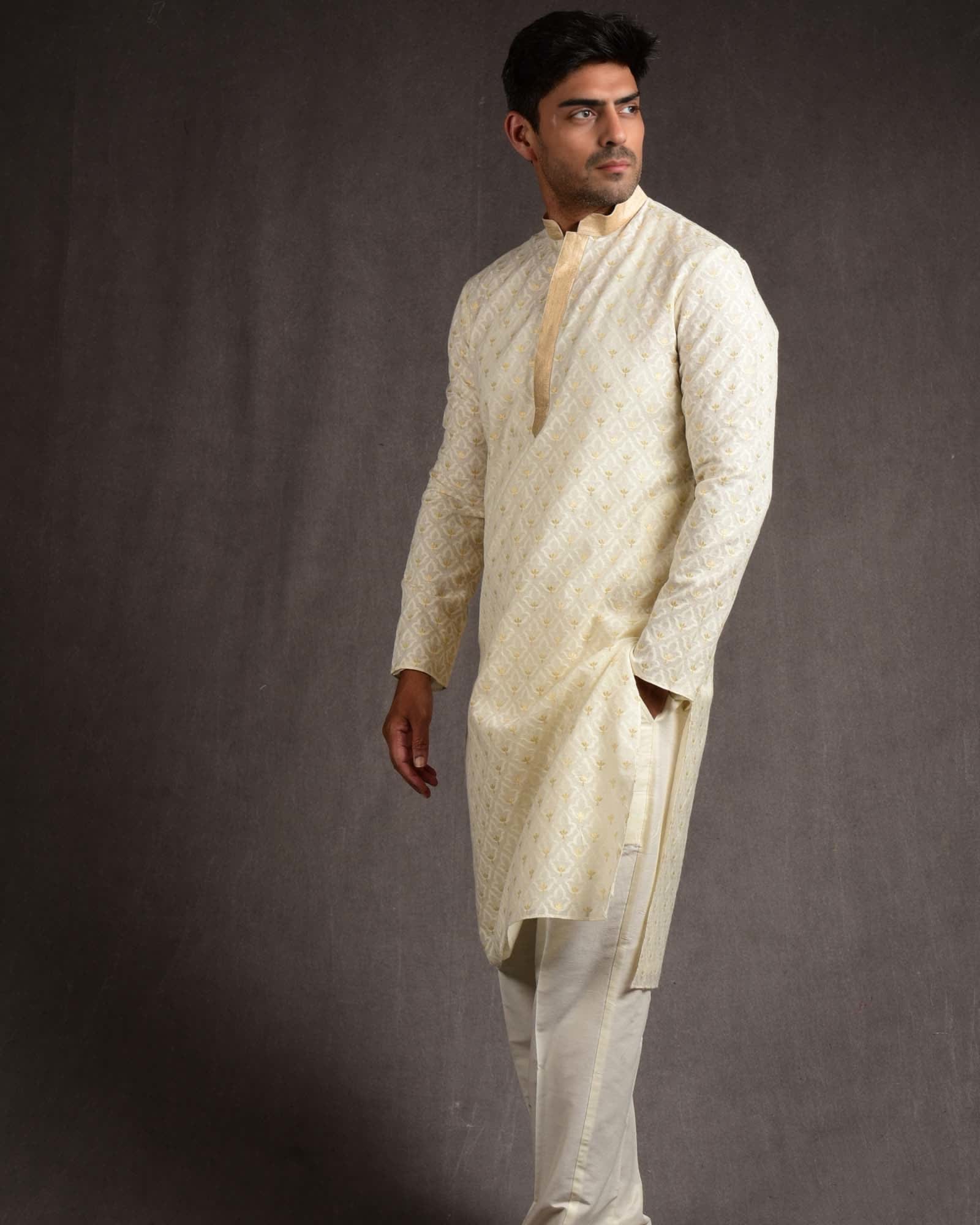 Ivory White Gold Zari & Resham Leaf Brocade Cotton Silk Mens Kurta Pyjama-HolyWeaves