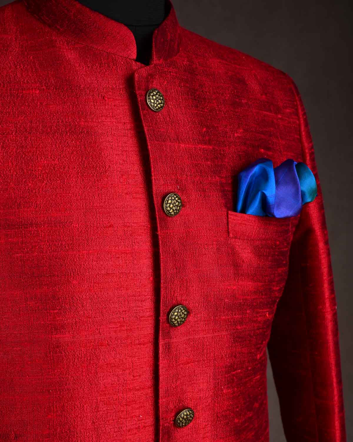 Red Textured Raw Silk Mens Sherwani-HolyWeaves