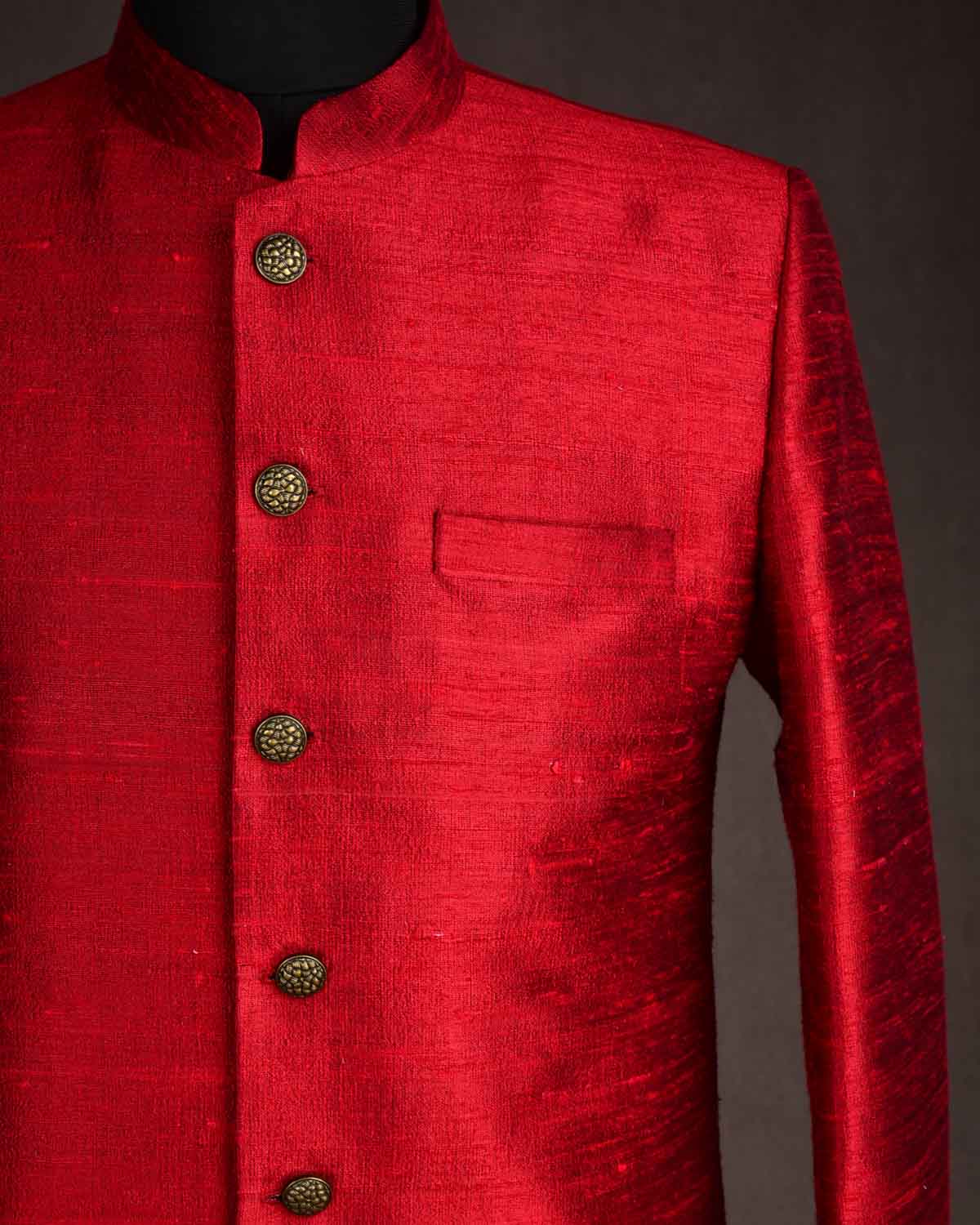 Red Textured Raw Silk Mens Sherwani-HolyWeaves