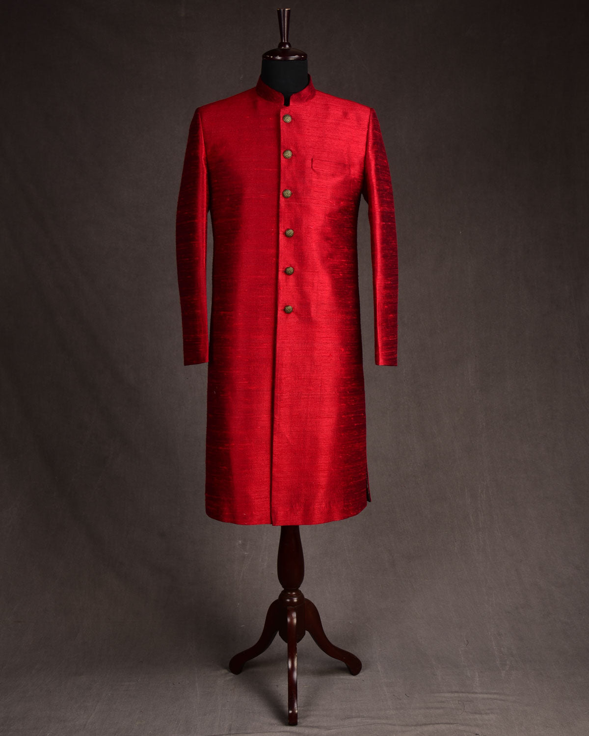 Red Textured Raw Silk Mens Sherwani-HolyWeaves