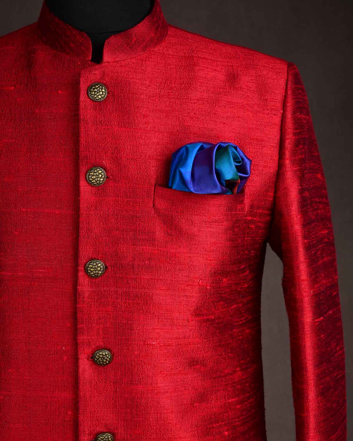 Red Textured Raw Silk Mens Sherwani-HolyWeaves