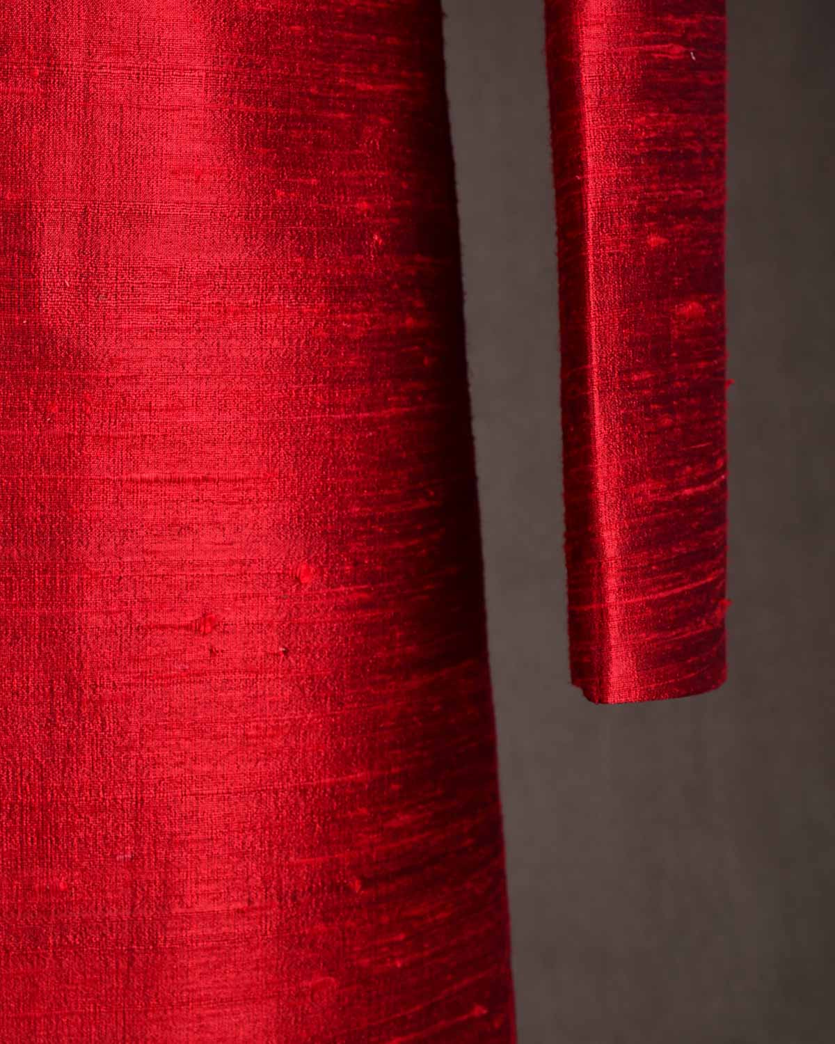 Red Textured Raw Silk Mens Sherwani-HolyWeaves