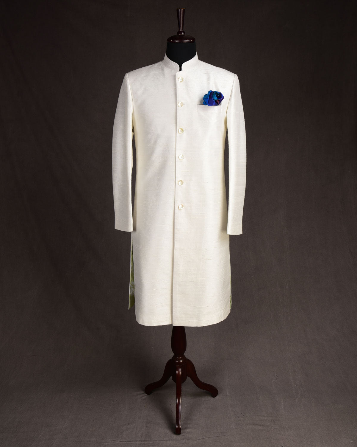 White Textured Raw Silk Mens Sherwani-HolyWeaves