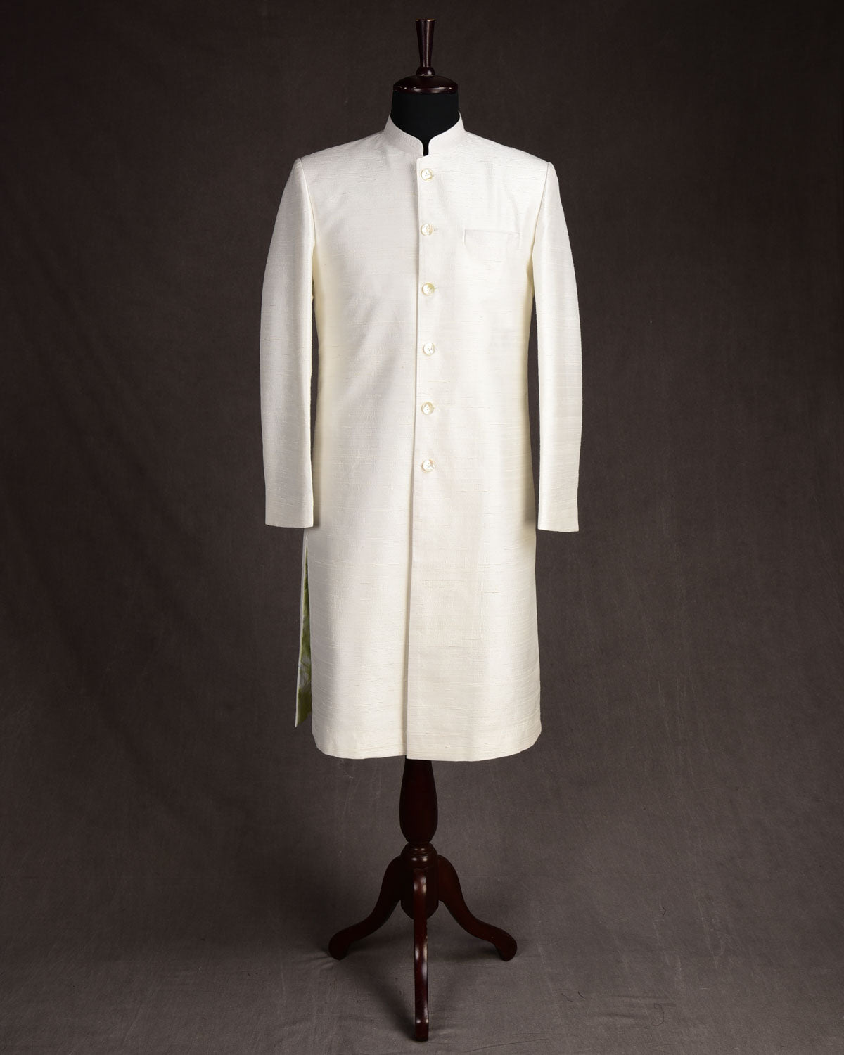 White Textured Raw Silk Mens Sherwani-HolyWeaves