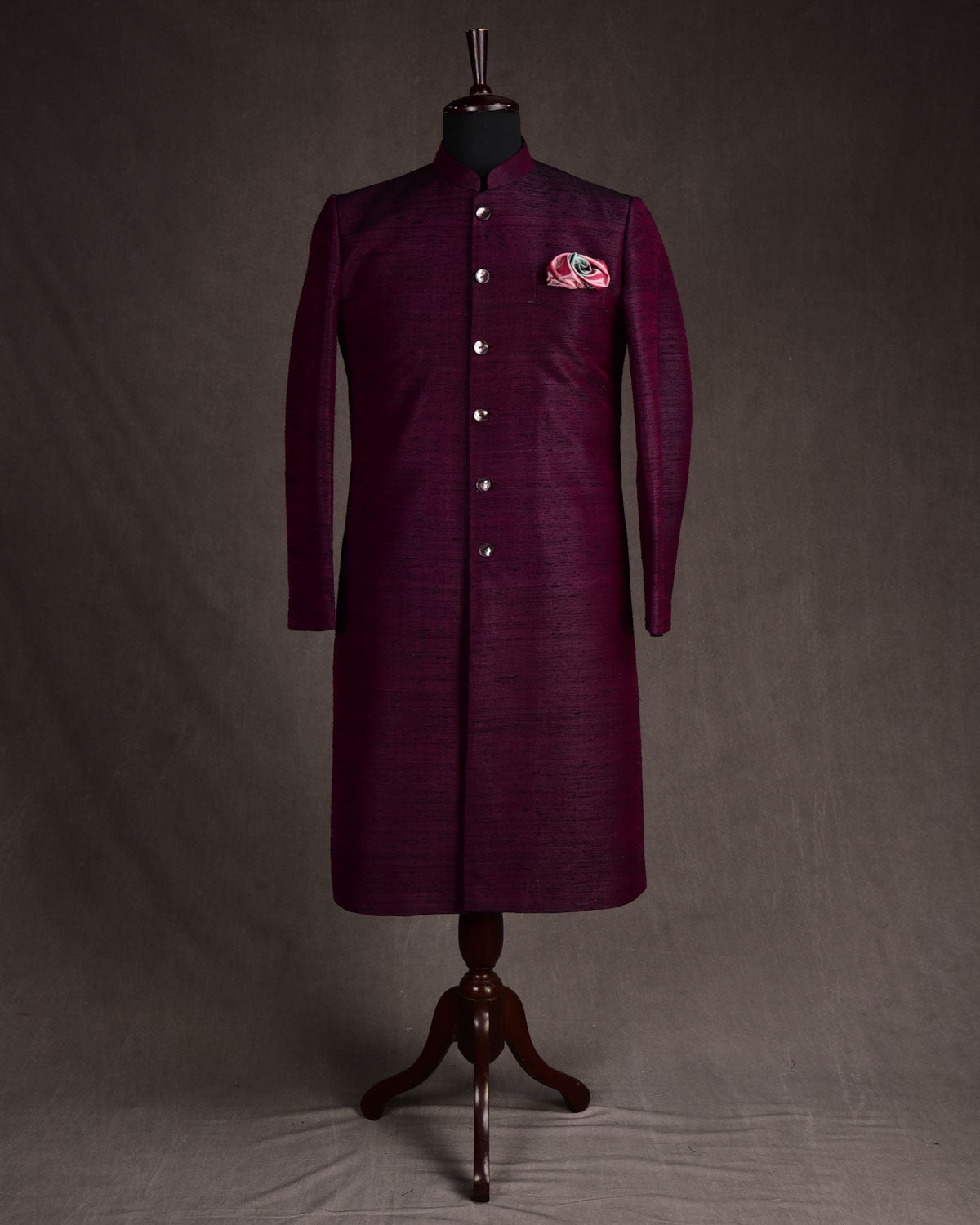 Byzantium Purple Textured Handwoven Raw Silk Mens Sherwani-HolyWeaves