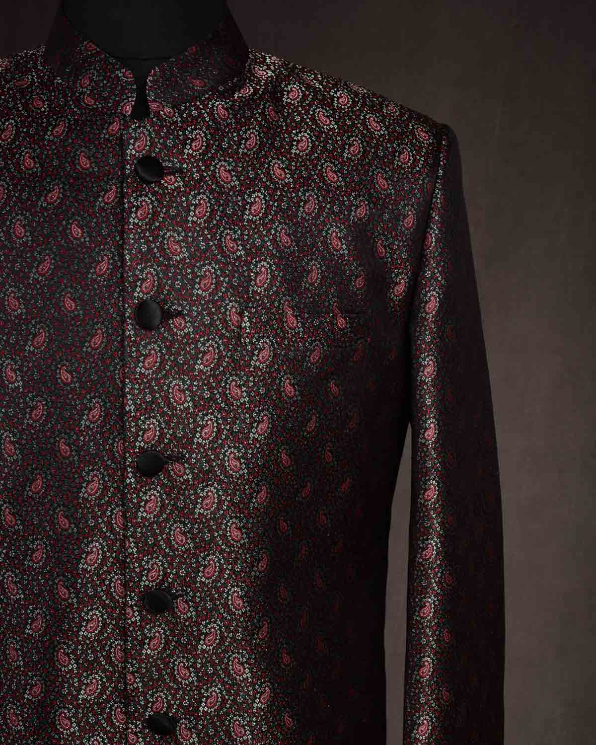 Black Tehra Jamawar Brocade Handwoven Silk Mens Sherwani-HolyWeaves