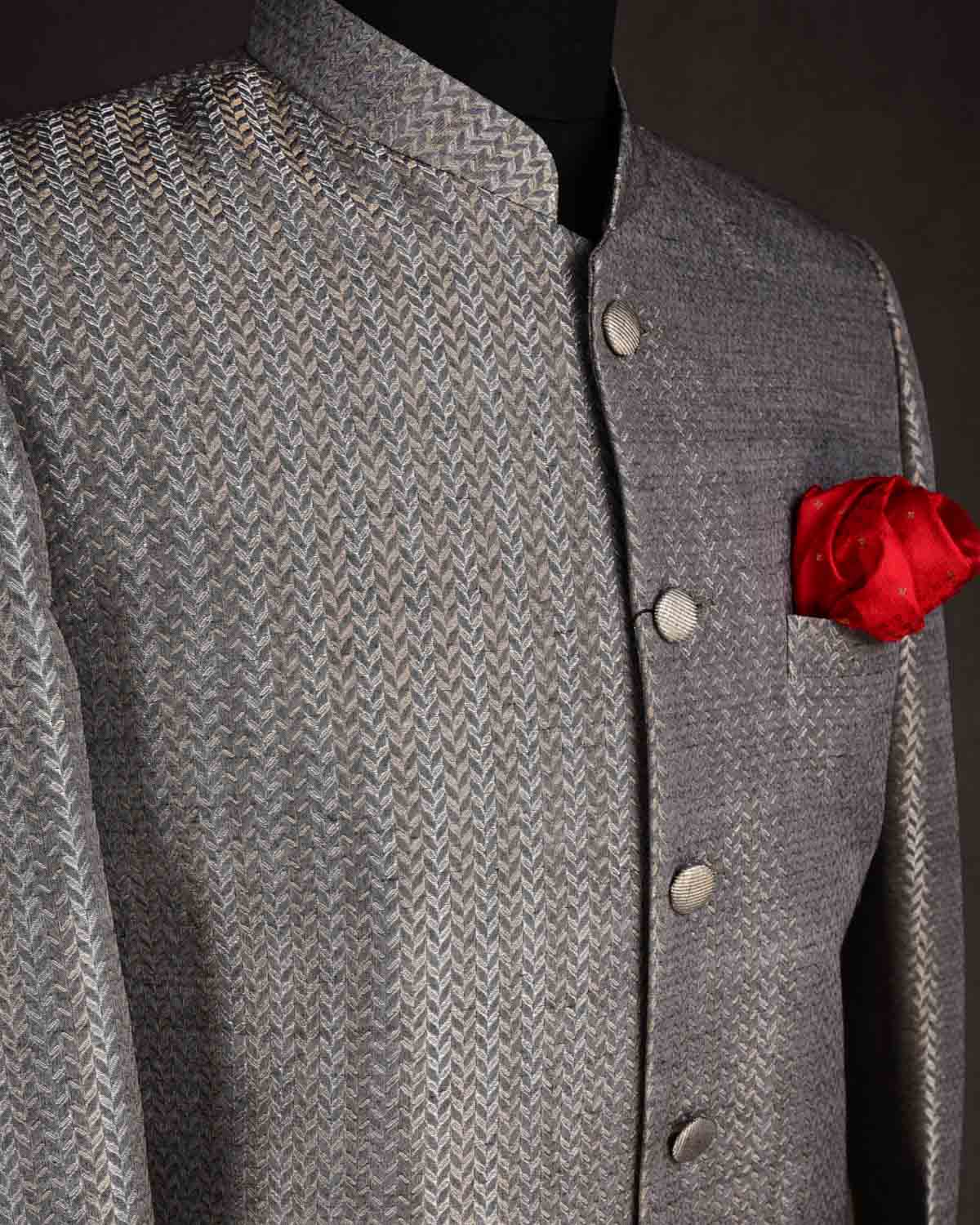 Gray Gold & Silver Zari Herringbone Satin Brocade Handwoven Silk Wool Mens Sherwani-HolyWeaves