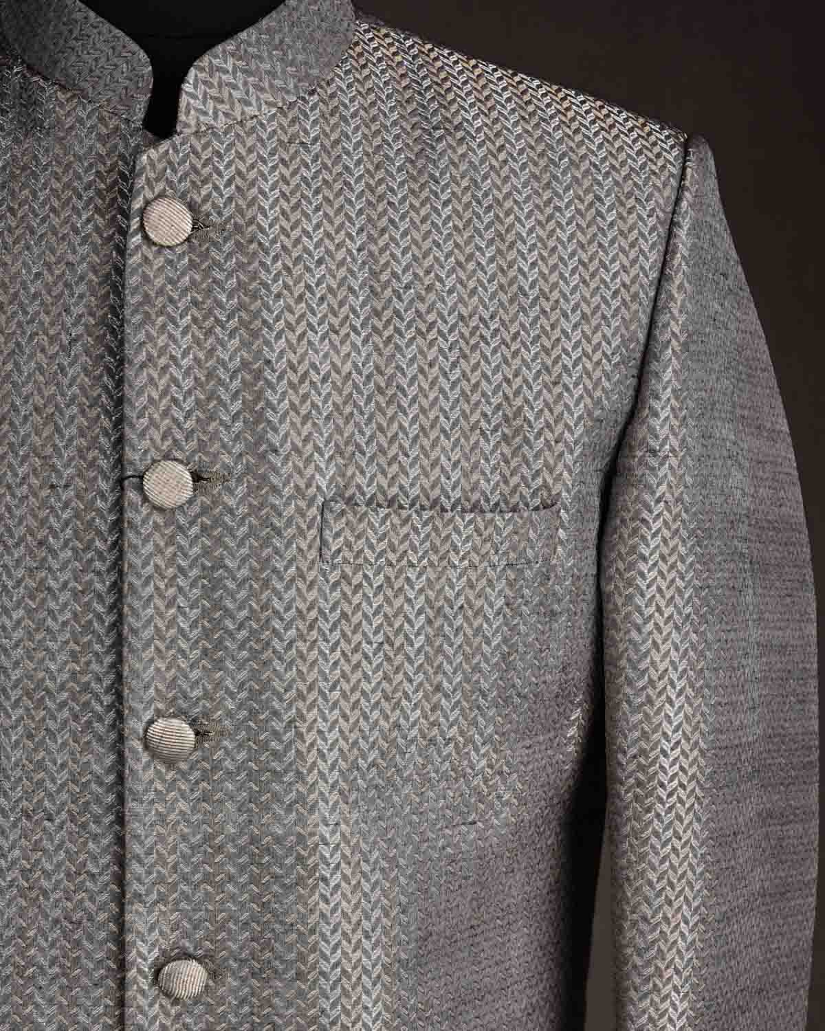 Gray Gold & Silver Zari Herringbone Satin Brocade Handwoven Silk Wool Mens Sherwani-HolyWeaves