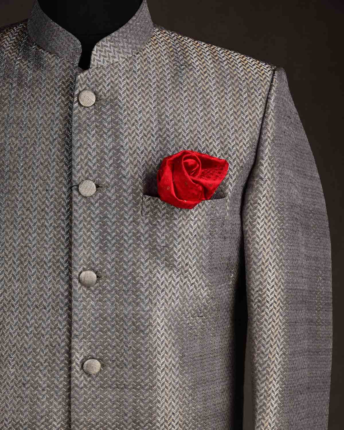 Gray Gold & Silver Zari Herringbone Satin Brocade Handwoven Silk Wool Mens Sherwani-HolyWeaves