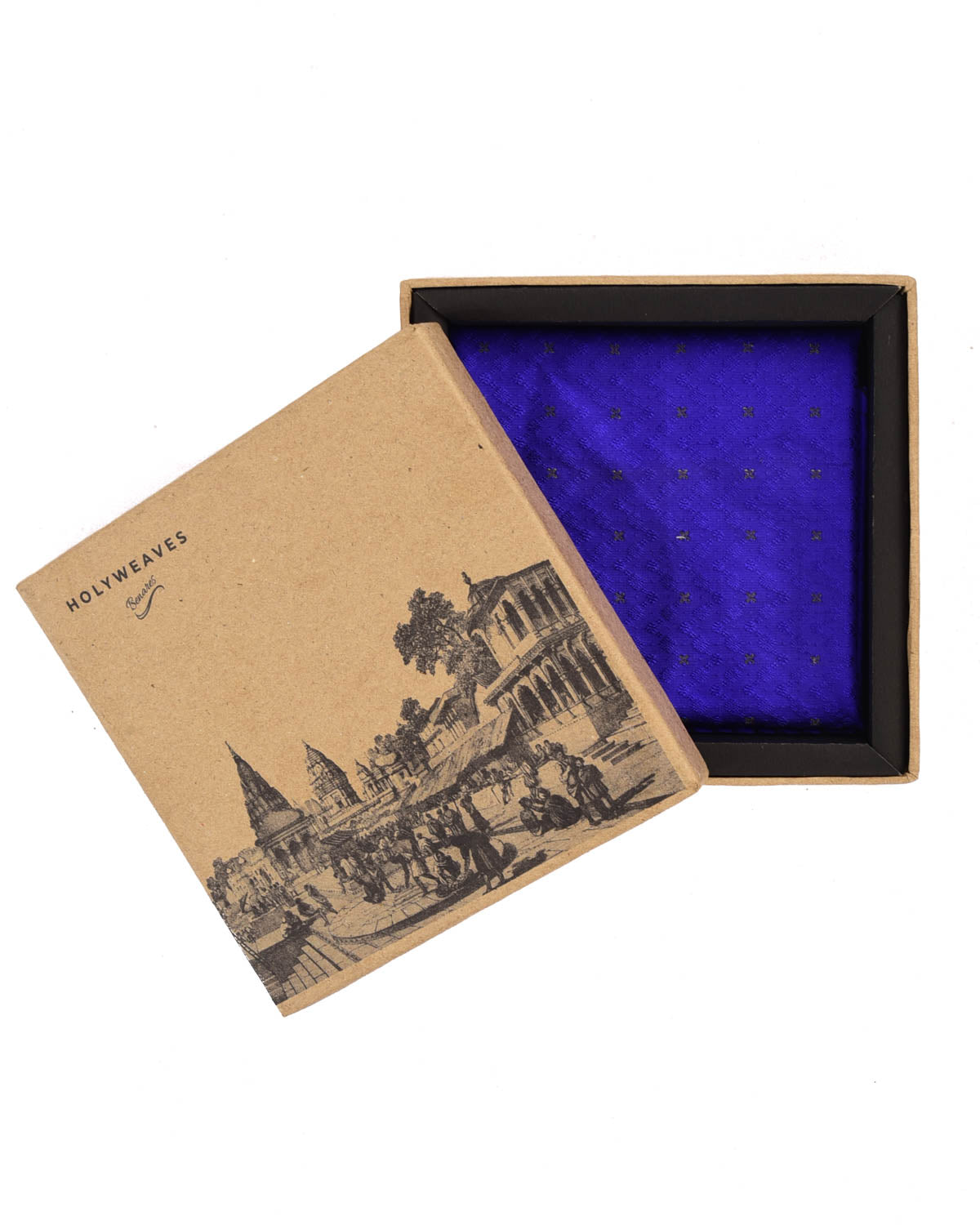 Blue Tanchoi Brocade with Zari Accents Handwoven Pure Silk Pocket Square For Men-HolyWeaves