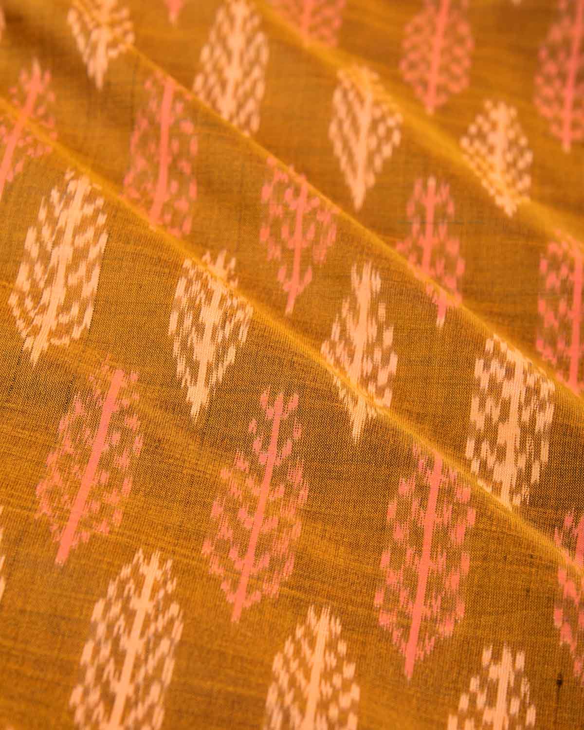 Golden Brown Banarasi Alfri Tree Jaal Ikat Handwoven Cotton Pocket Square-HolyWeaves