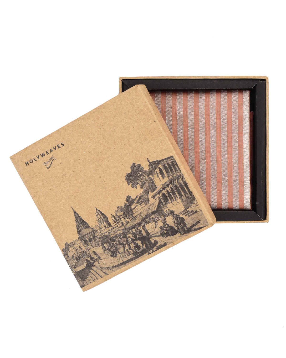 Tuscany Peach Banarasi Silver Zari Stipes Brocade Handwoven Cotton Pocket Square-HolyWeaves