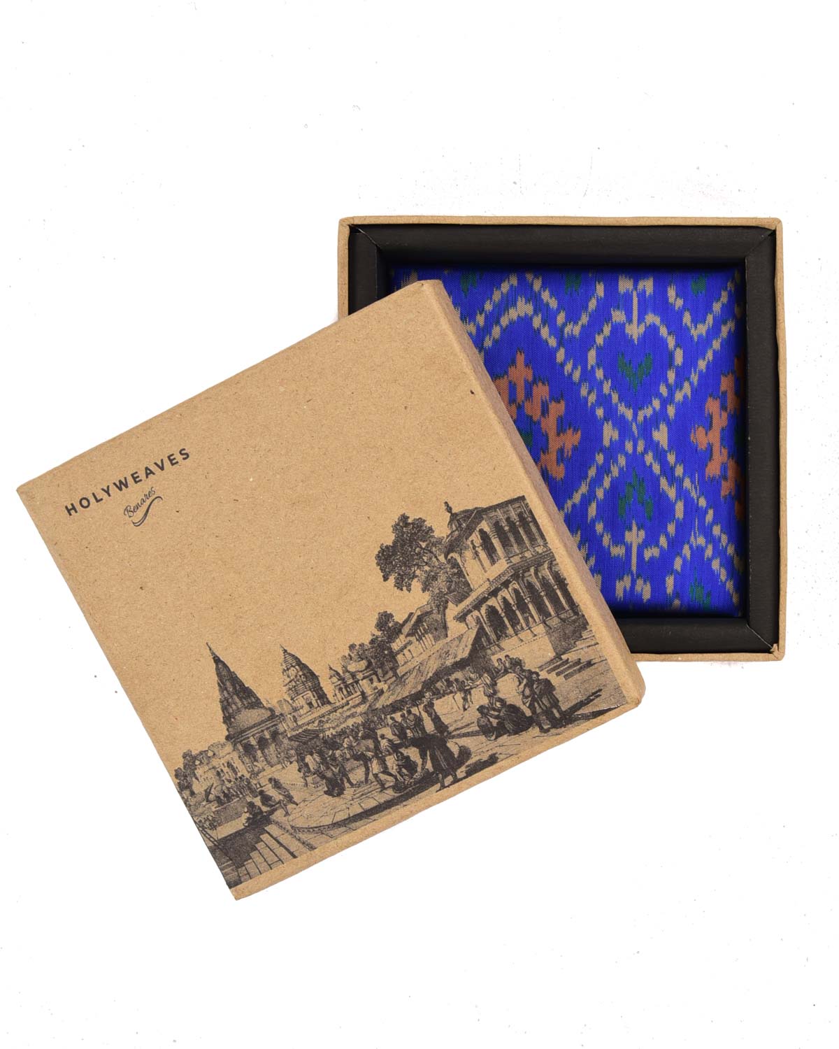 Blue Banarasi Ikat Handwoven Silk Pocket Square-HolyWeaves