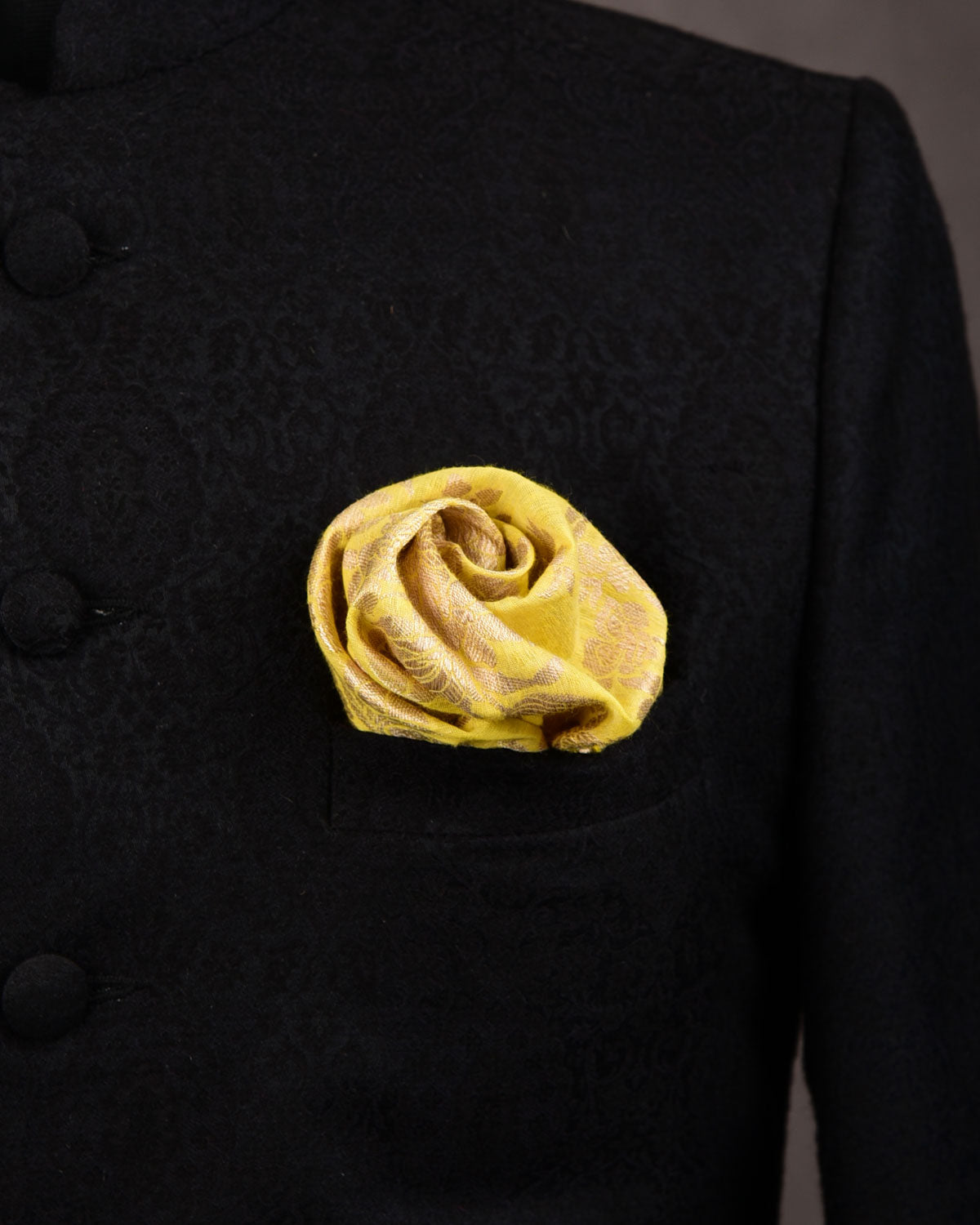 Lemon Yellow Banarasi Gulab Gold Zari Cutwork Brocade Handwoven Silk Pocket Square-HolyWeaves