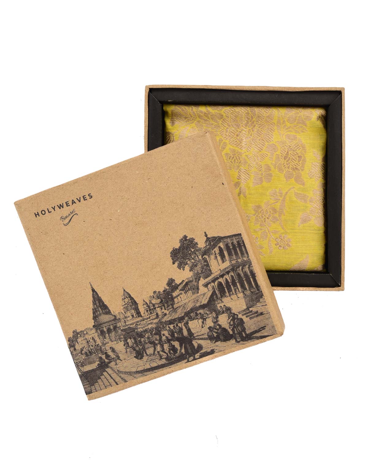 Lemon Yellow Banarasi Gulab Gold Zari Cutwork Brocade Handwoven Silk Pocket Square-HolyWeaves