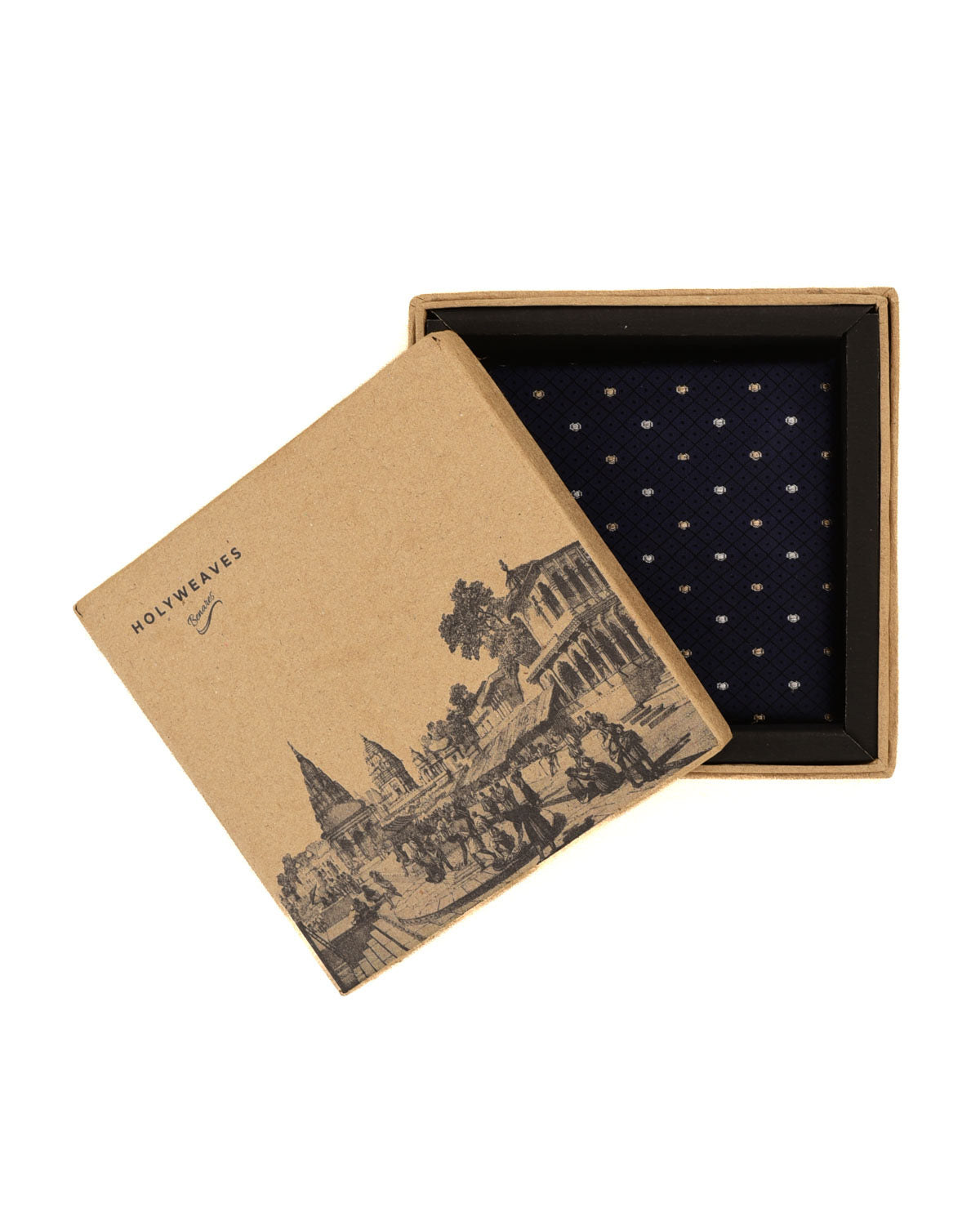 Navy Blue Banarasi Gold & Silver Zari Tanchoi Brocade Handwoven Silk Pocket Square-HolyWeaves