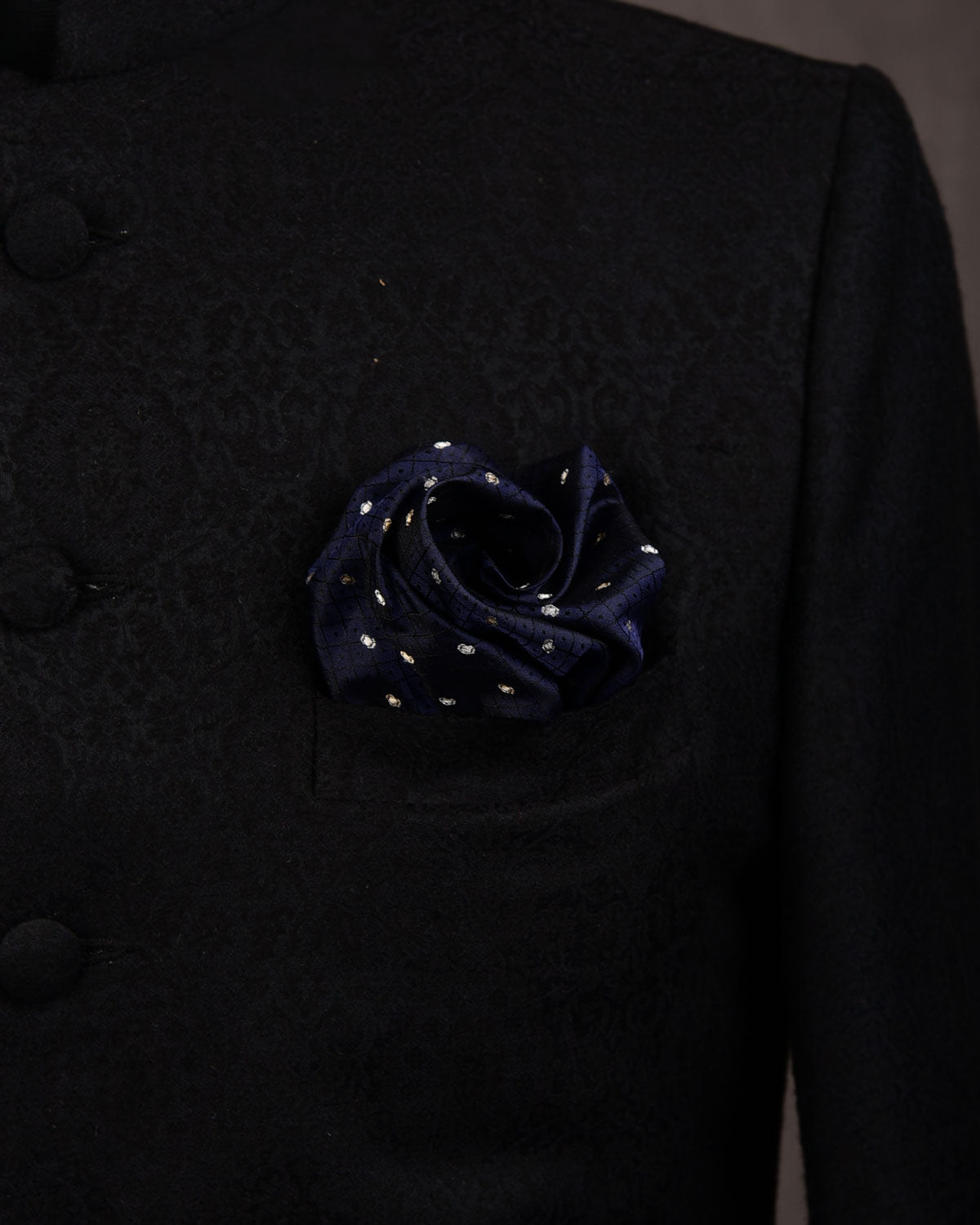 Navy Blue Banarasi Gold & Silver Zari Tanchoi Brocade Handwoven Silk Pocket Square-HolyWeaves