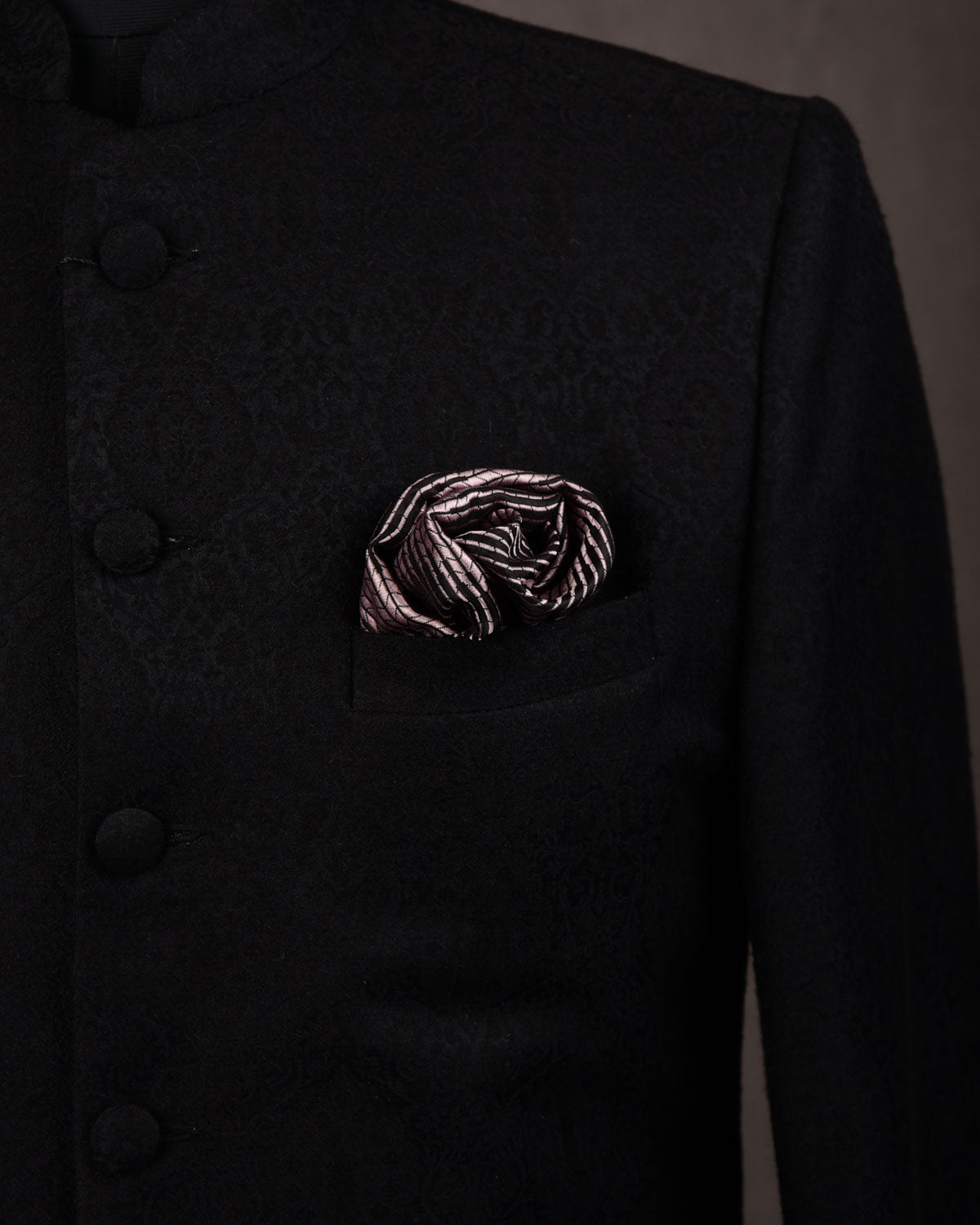 Peach on Black Banarasi Herringbone Tanchoi Handwoven Silk Pocket Square-HolyWeaves