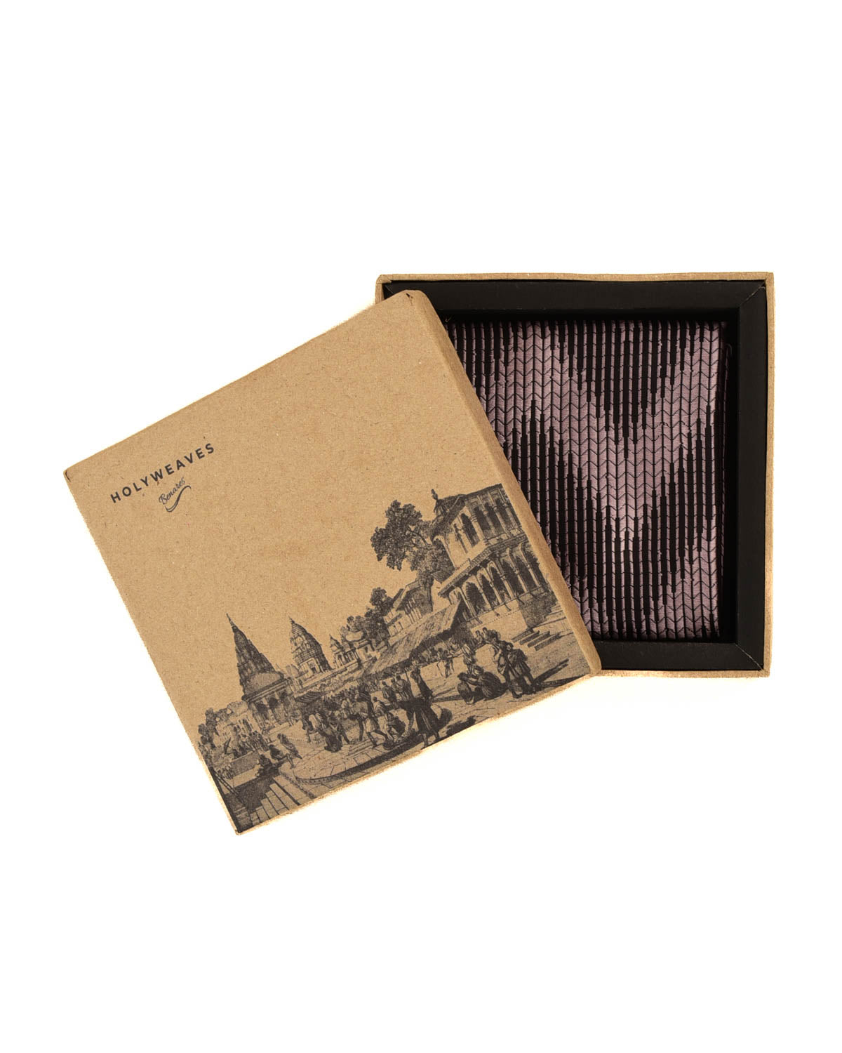 Peach on Black Banarasi Herringbone Tanchoi Handwoven Silk Pocket Square-HolyWeaves