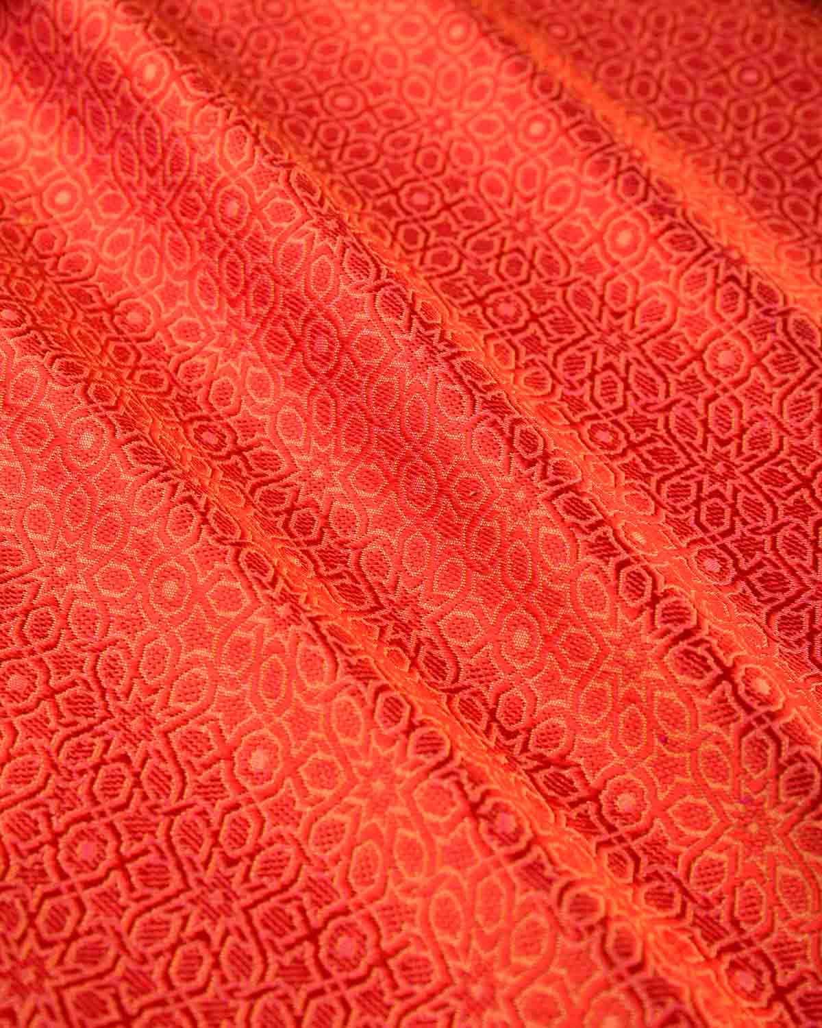 Red On Orange Banarasi Moroccon Mosaic Tanchoi Handwoven Silk Pocket Square-HolyWeaves