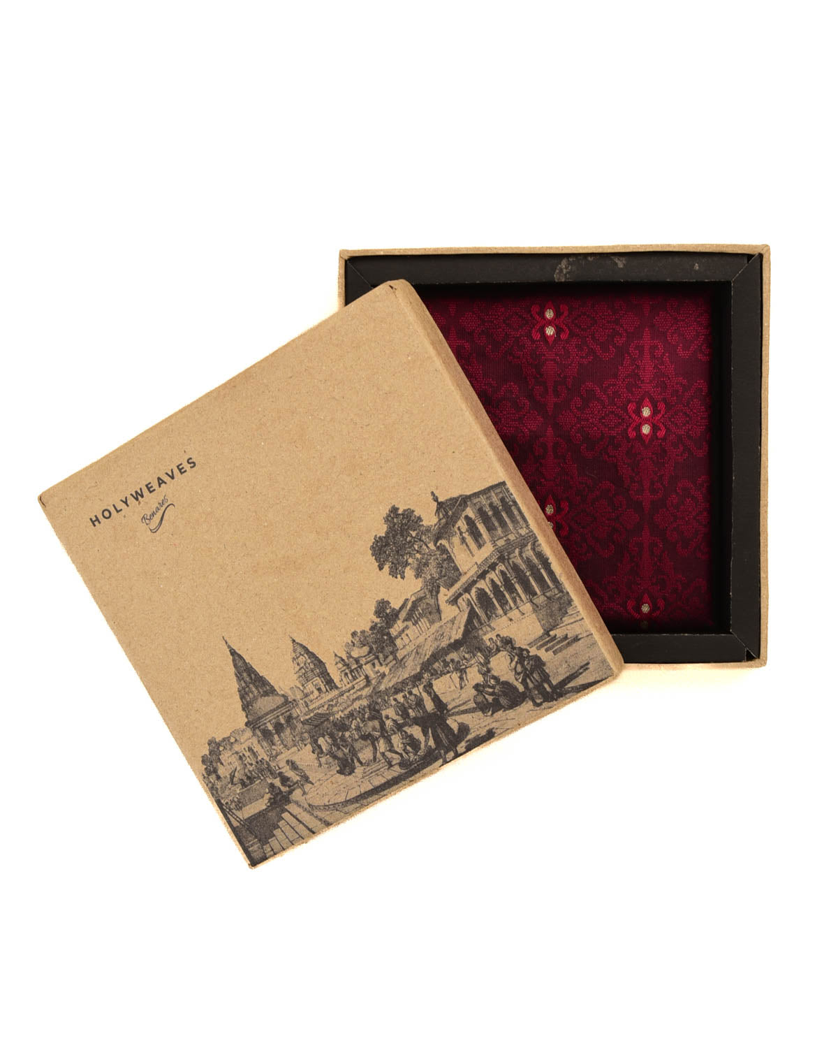 Maroon Banarasi Rhombus Damask Tanchoi Brocade Handwoven Silk Pocket Square with Zari Accents-HolyWeaves