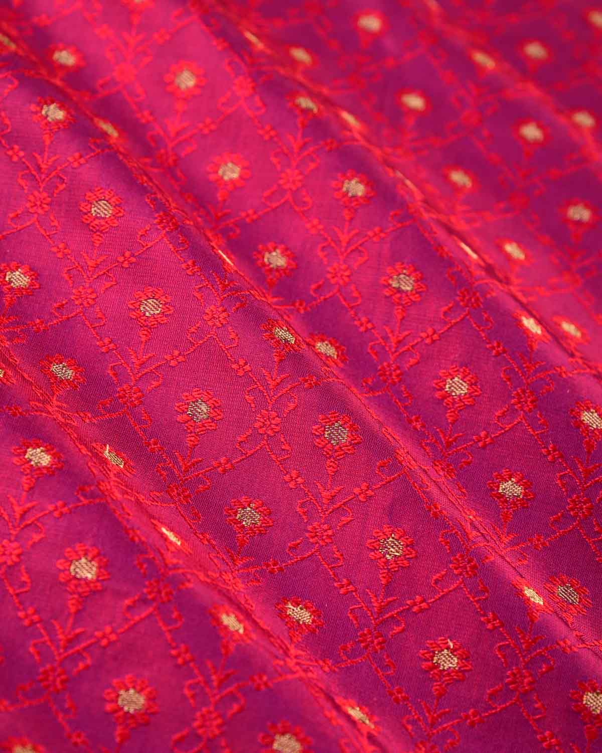 Shot Red Banarasi Floral Grids Tanchoi Brocade Handwoven Silk Pocket Square with Zari Accents-HolyWeaves