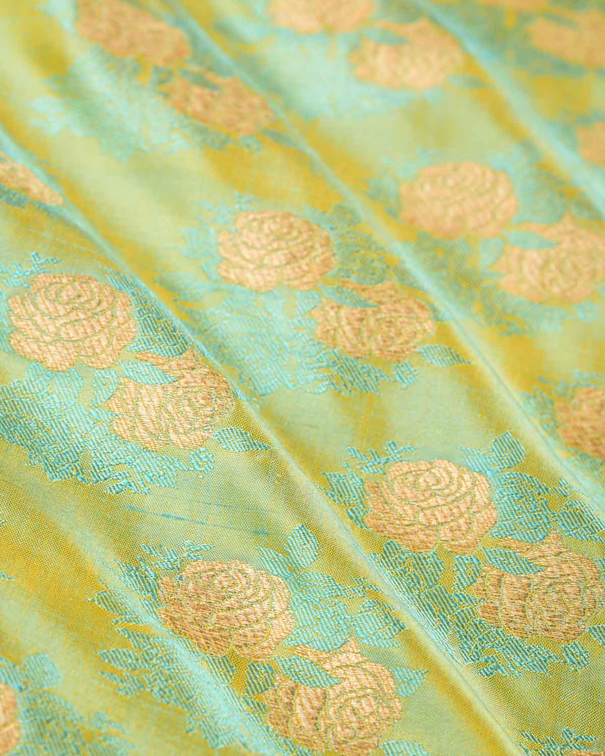 Sunny Green Banarasi Ethnic Bouquet Tanchoi Brocade Handwoven Silk Pocket Square with Zari Accents-HolyWeaves