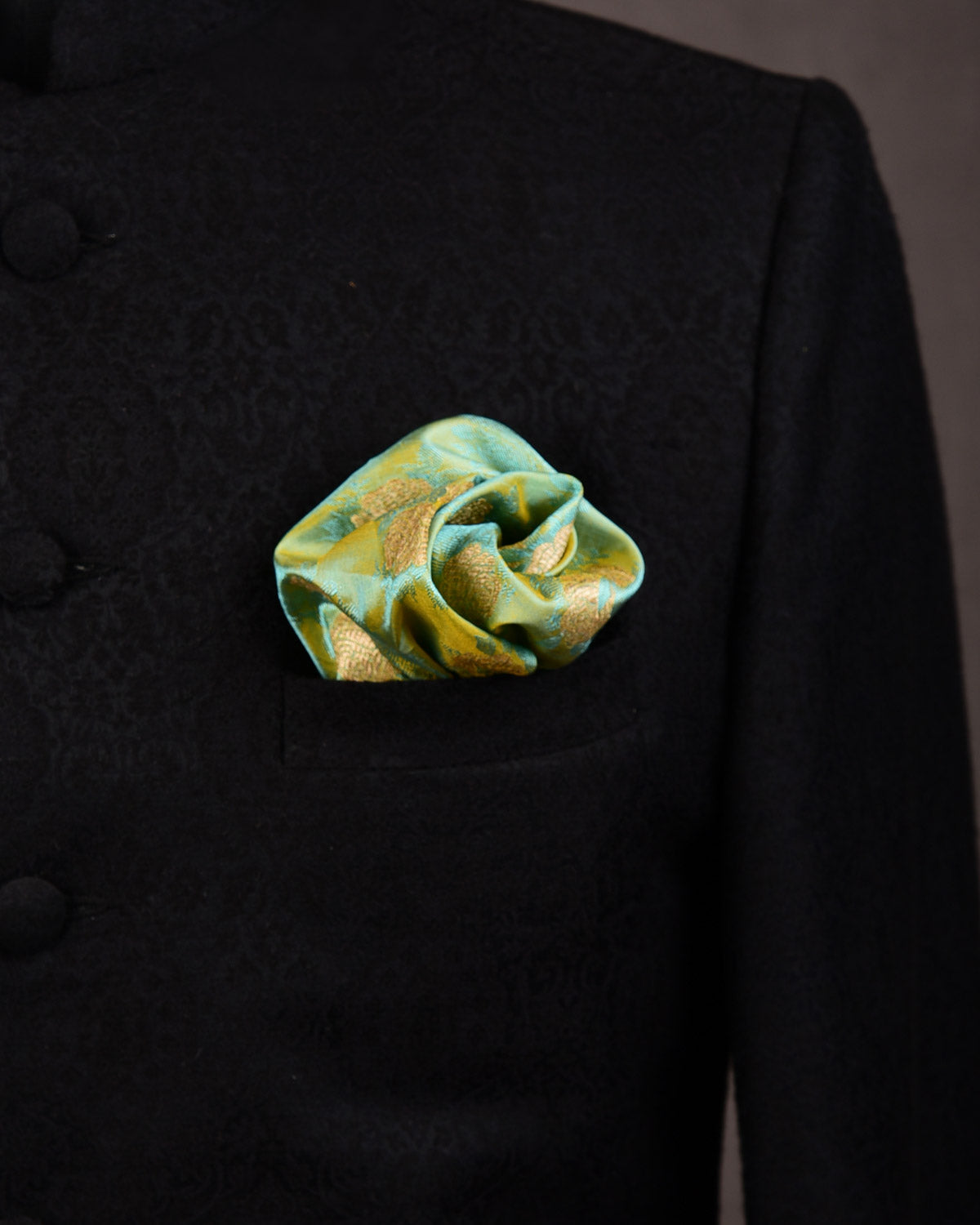 Sunny Green Banarasi Ethnic Bouquet Tanchoi Brocade Handwoven Silk Pocket Square with Zari Accents-HolyWeaves